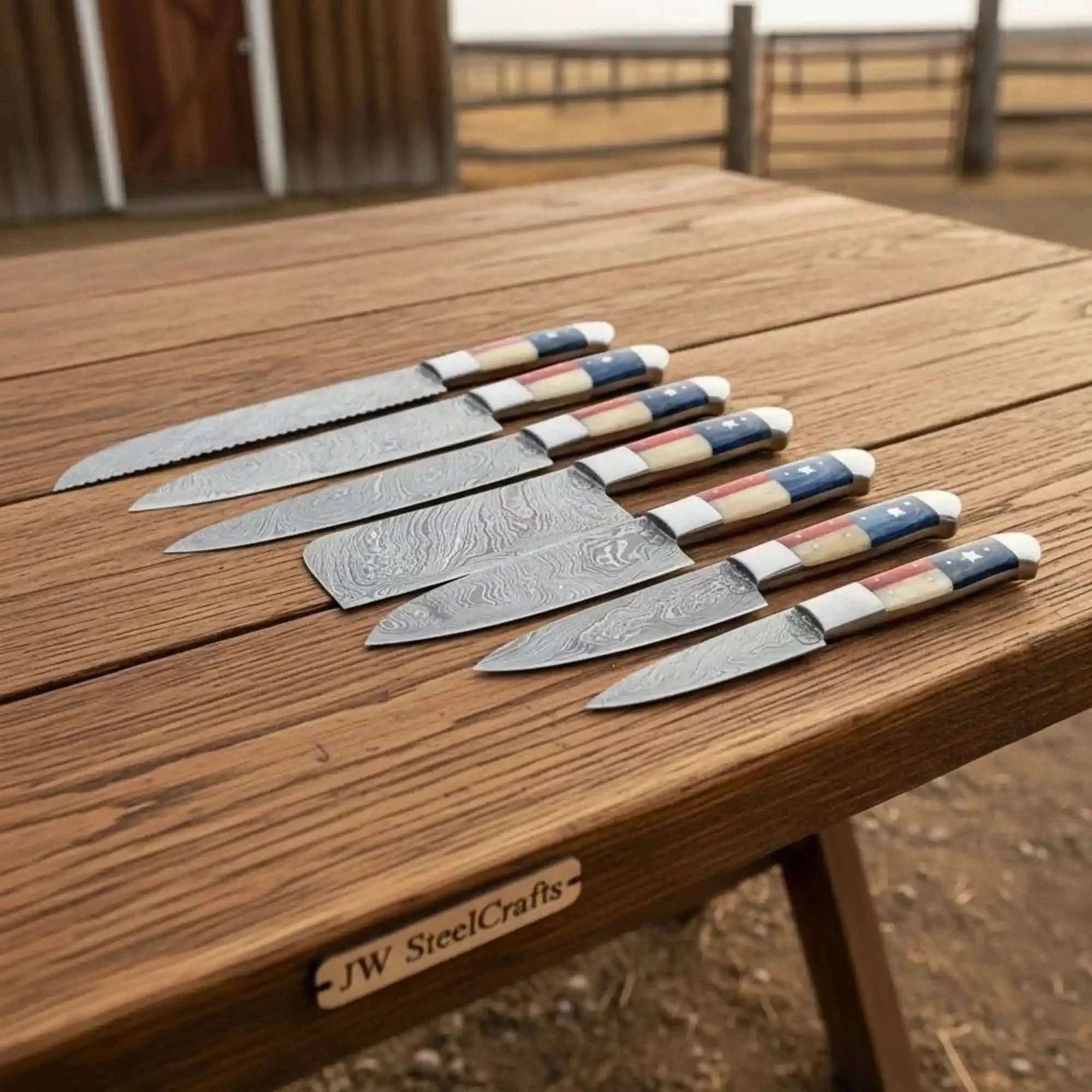 Palmarius Outdoors Handmade Damascus Mixed Chef Knife Set (Bread, Chef, Santoku & Utility) – Texas Flag Handles, Full Tang Handmade Chef Knife Sets