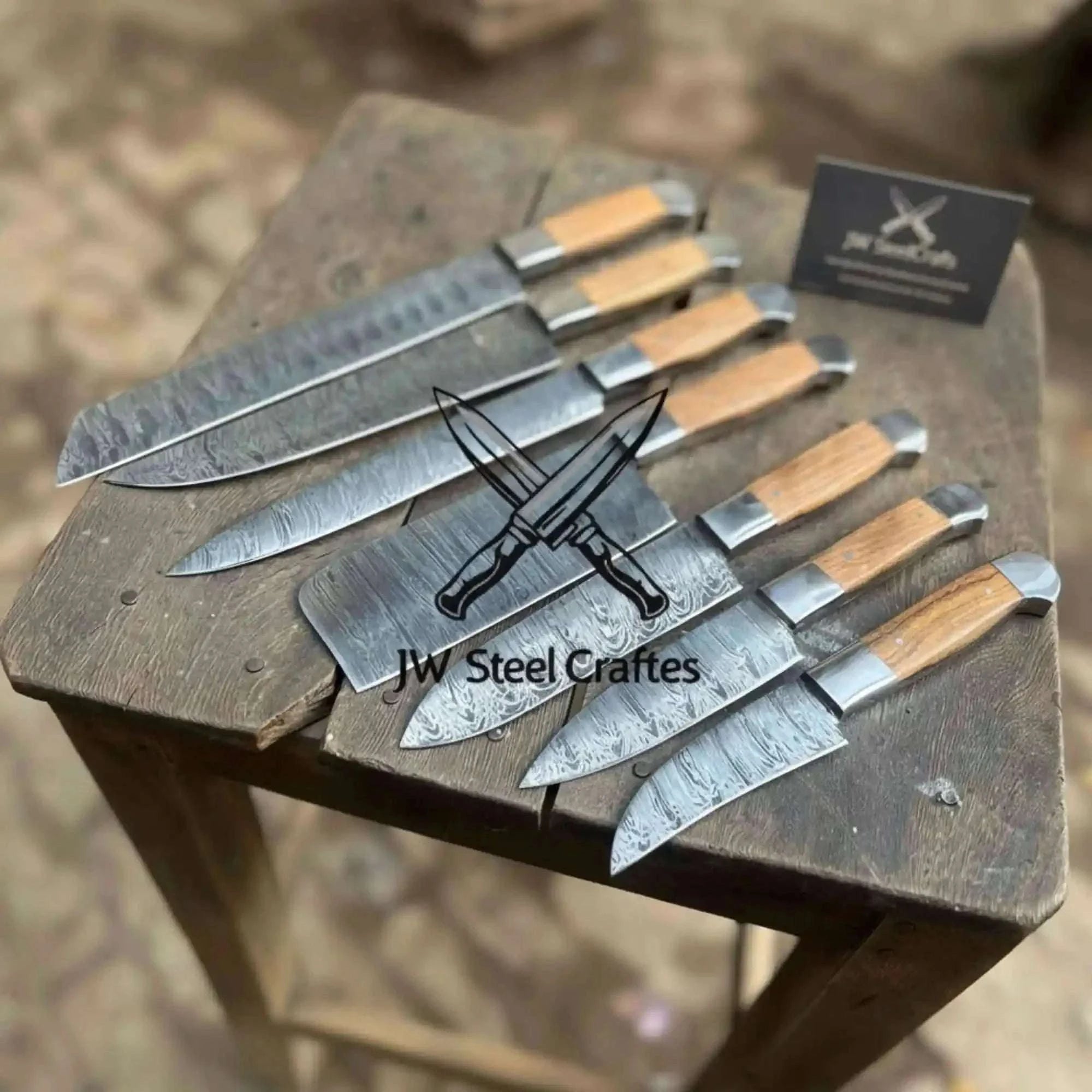 Palmarius Outdoors Hand Forged 7-Piece Damascus Chef Knife Set — Natural Wood Handles Handmade Chef Knife Sets