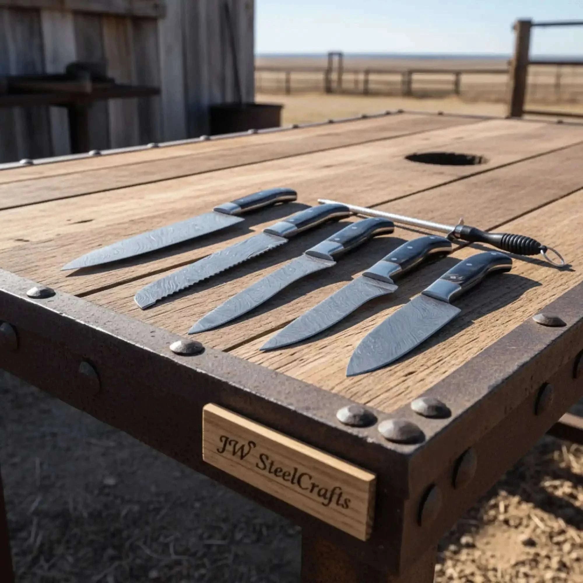 Palmarius Outdoors 5-Piece Damascus Knife Set with Honing Rod and Black Handles Handmade Chef Knife Sets