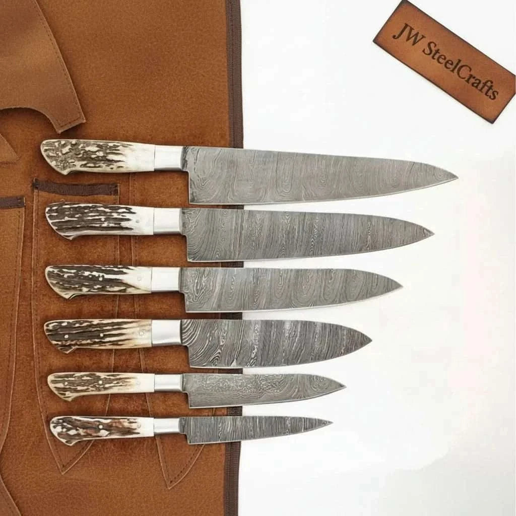 Palmarius Outdoors 7-Piece Damascus Kitchen Knife Set — Synthetic Stag Horn Handles, Brass Bolsters & Full Tang Forged Blades Handmade Chef Knife Sets