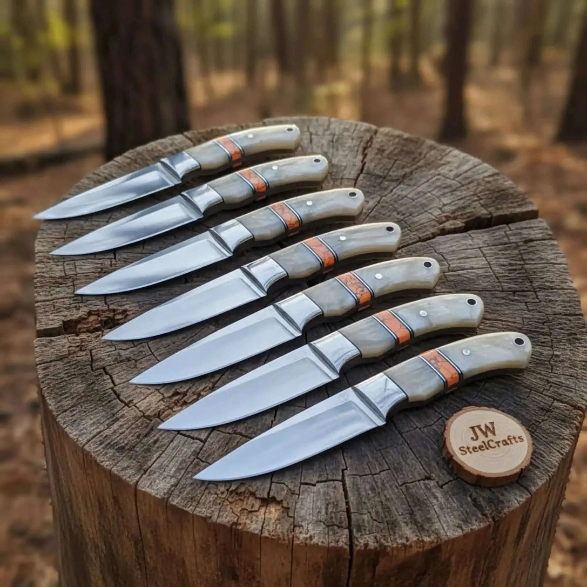 Palmarius Outdoors Handmade Artisan Bushcraft Knife Set of 7-Piece Full Tang Set with Bone Handles & Orange Spacers 