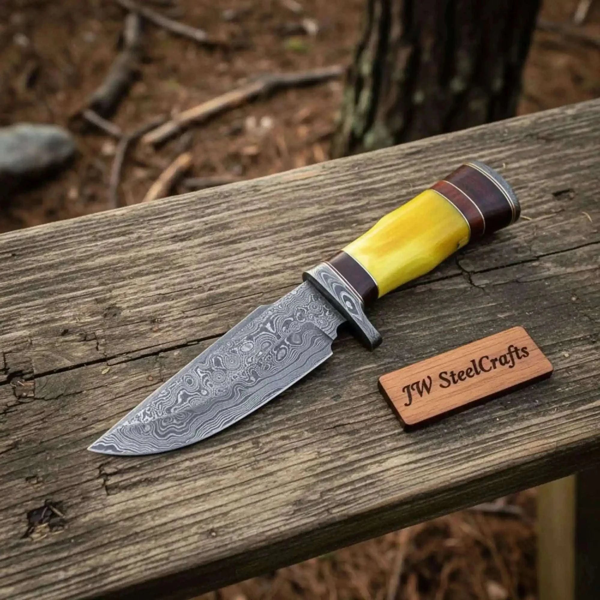 Palmarius Outdoors Frontier Clip Point Bowie Knife, Forged Damascus Steel with Colored Bone & Wood Spacer Handle Frontier Bowie Knives