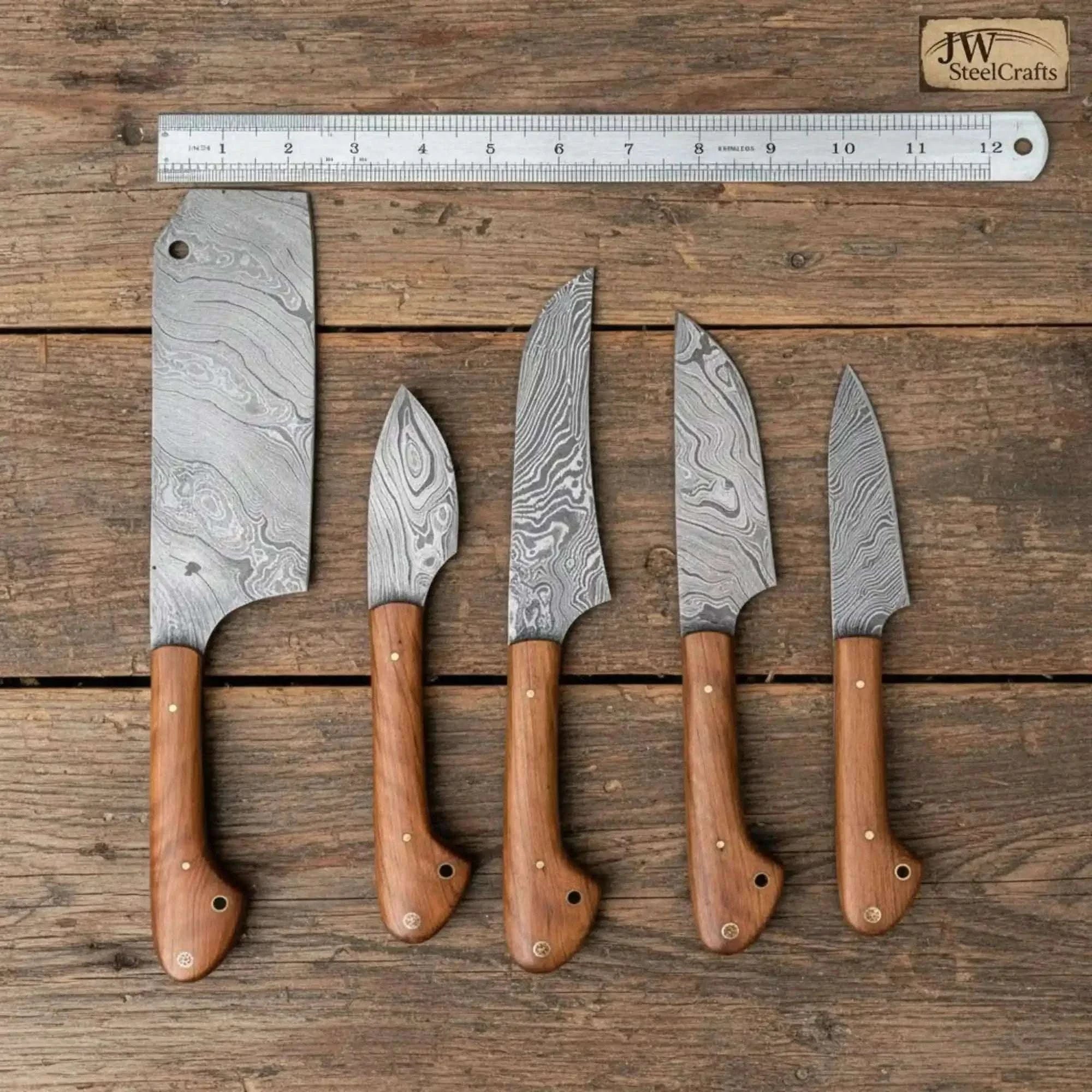Palmarius Outdoors 5-Piece Damascus Kitchen Knife Set — Cleaver, Chef, Utility, Boning & Paring with Olive Wood Handles & Brass Pins Handmade Chef Knife Sets
