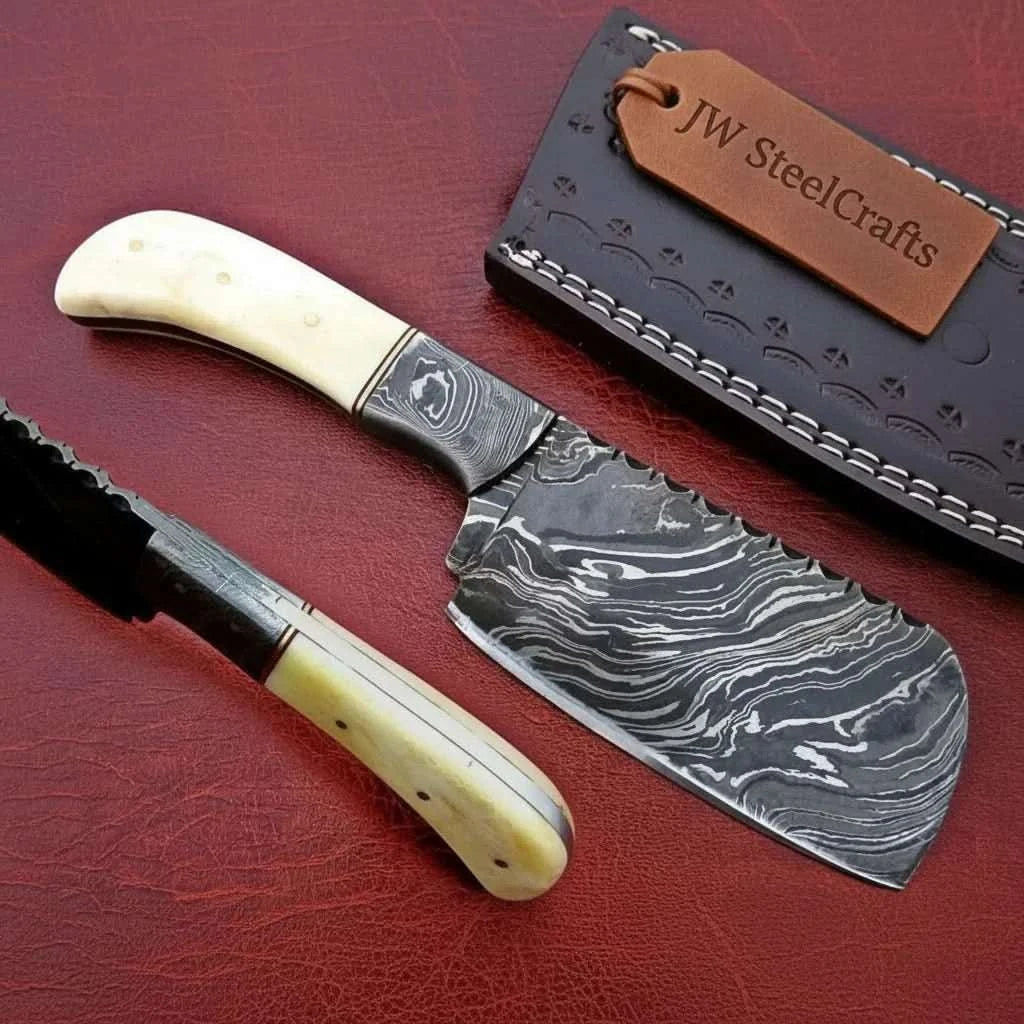 Palmarius Outdoors 7-Inch Compact Damascus Mini Cleaver — Fire Pattern Blade, Camel Bone Handle, Steel Bolster & Leather Sheath | JW Steel Crafts Skinner Knife