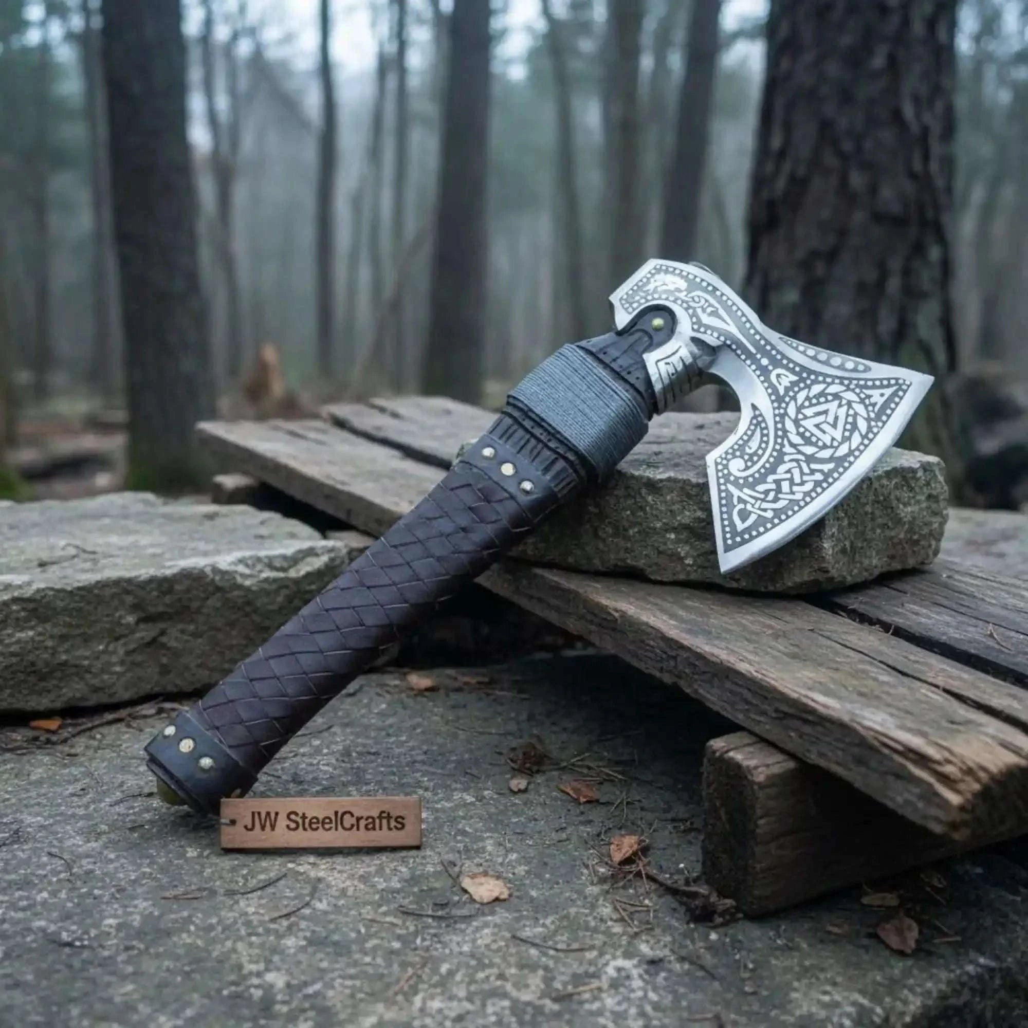 Palmarius Outdoors Engraved Norse Valknut Hatchet with Braided Leather Handle Handmade Axe