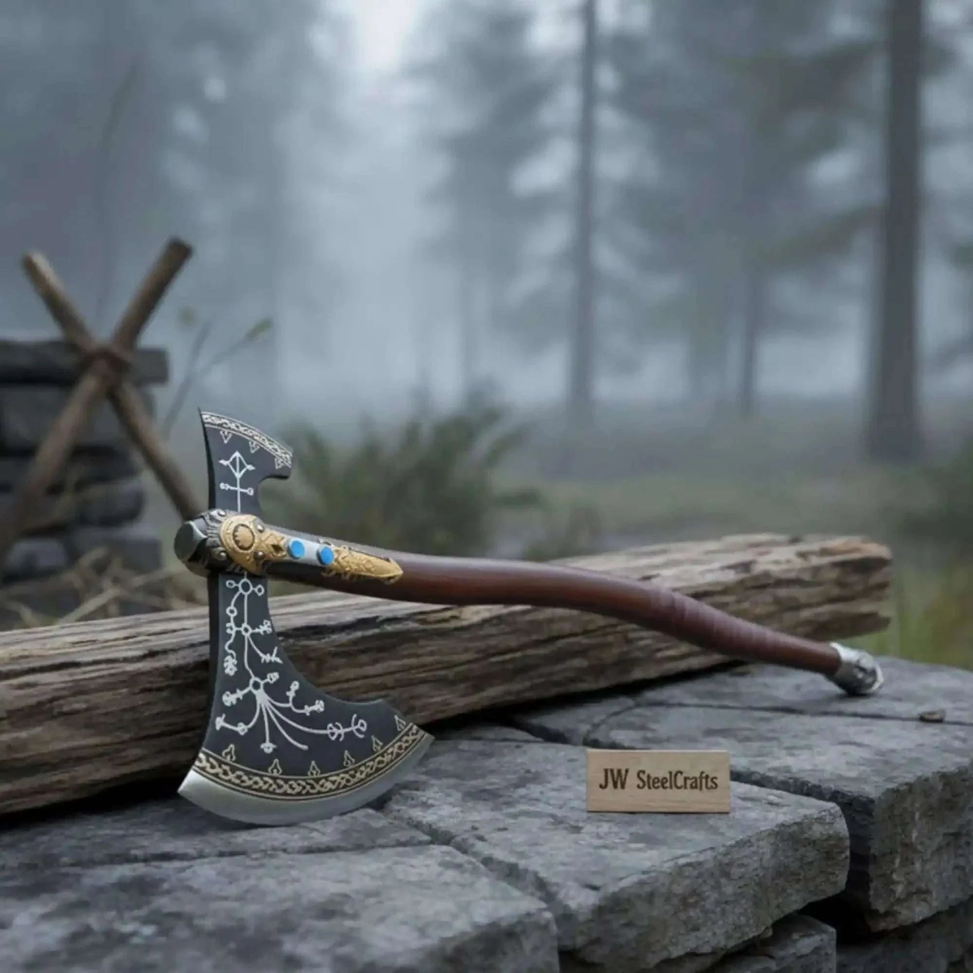 Palmarius Outdoors Hand Forged Viking Fantasy Double-Bit Axe with Norse Engraving, Gold Handle Fittings and Blue Gemstone Inlays Handmade Axe