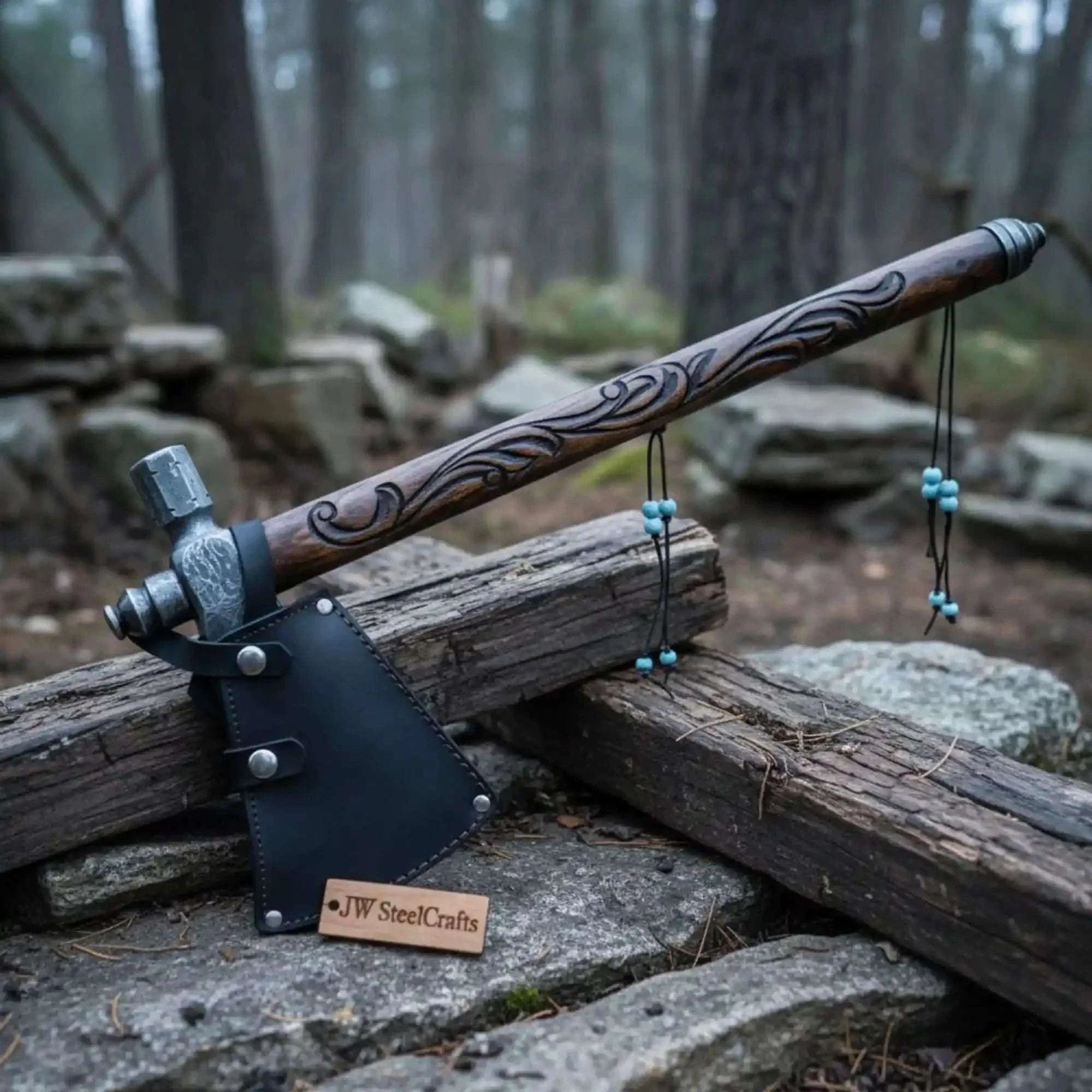 Palmarius Outdoors Custom Hand Forged Damascus Steel Smoking Axe – Functional Pipe Axe with Carved Hardwood Shaft Handmade Axe