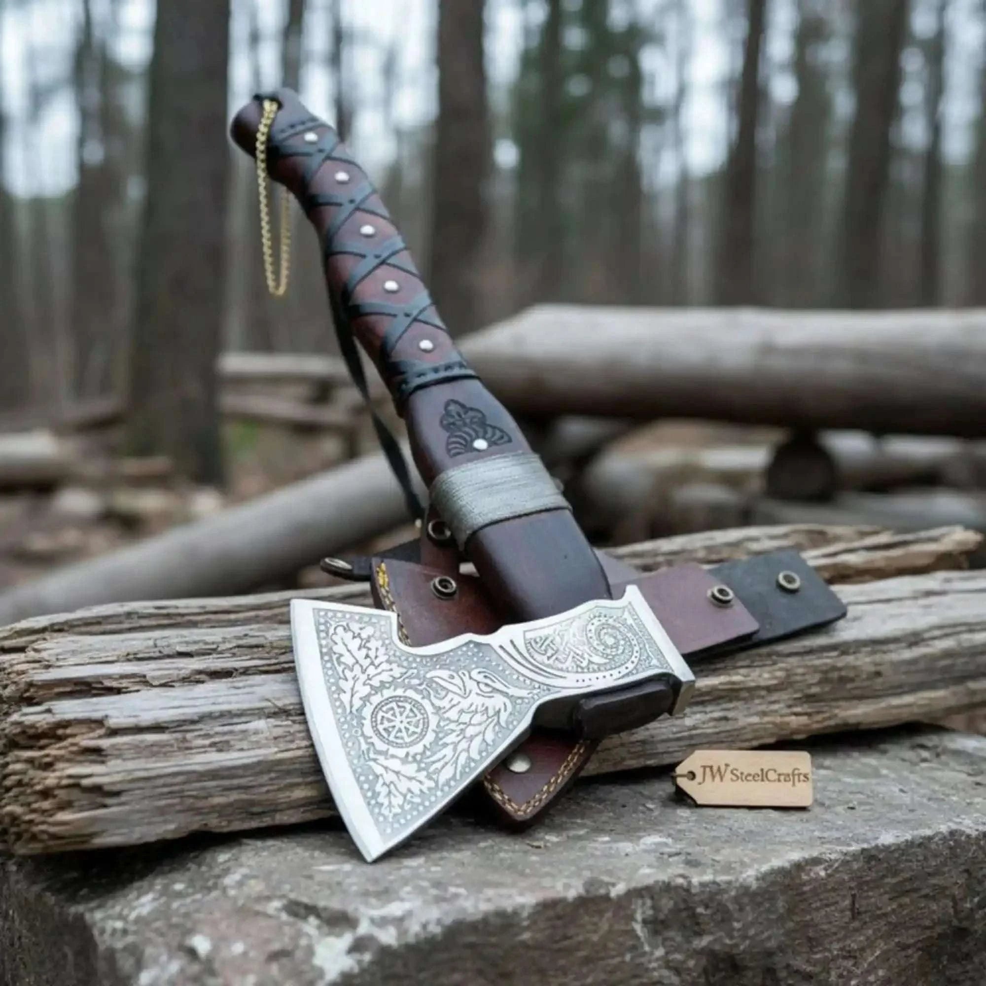 Palmarius Outdoors Viking Bearded Axe with Norse Engraved Blade and Leather Sheath Handmade Axe