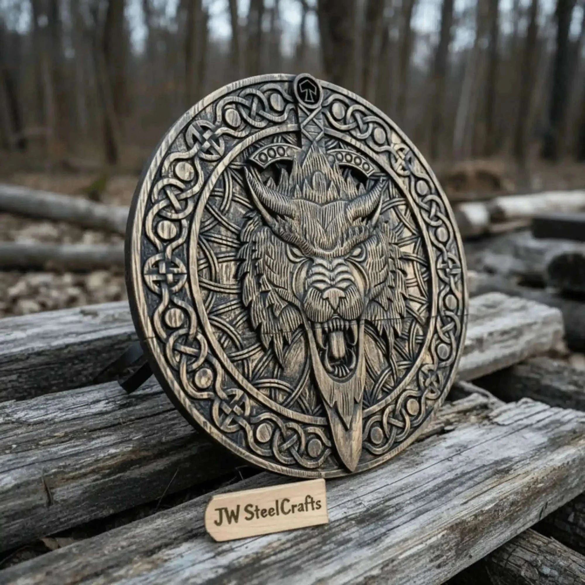Palmarius Outdoors Handcrafted Viking Shield and Engraved Axe Set with Raven Motif and Norse Knotwork Handmade Axe