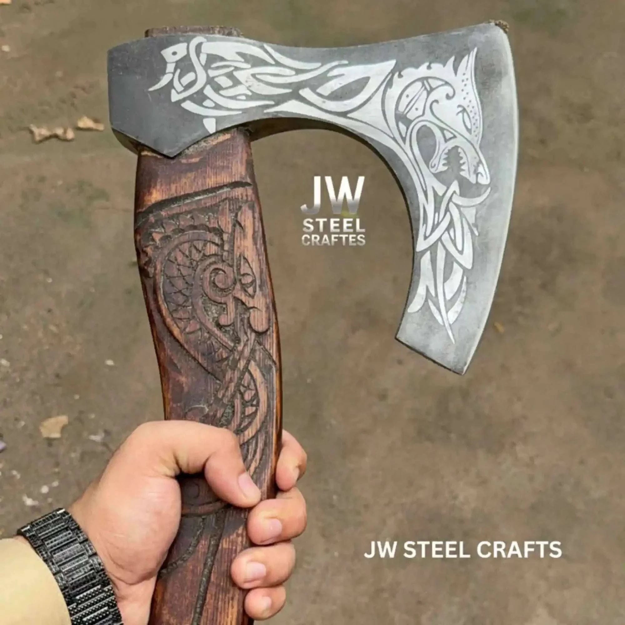 Palmarius Outdoors Hand-Engraved Viking Bearded Axe with Carved Hardwood Handle – Damascus Steel Blade | JW SteelCrafts Handmade Axe