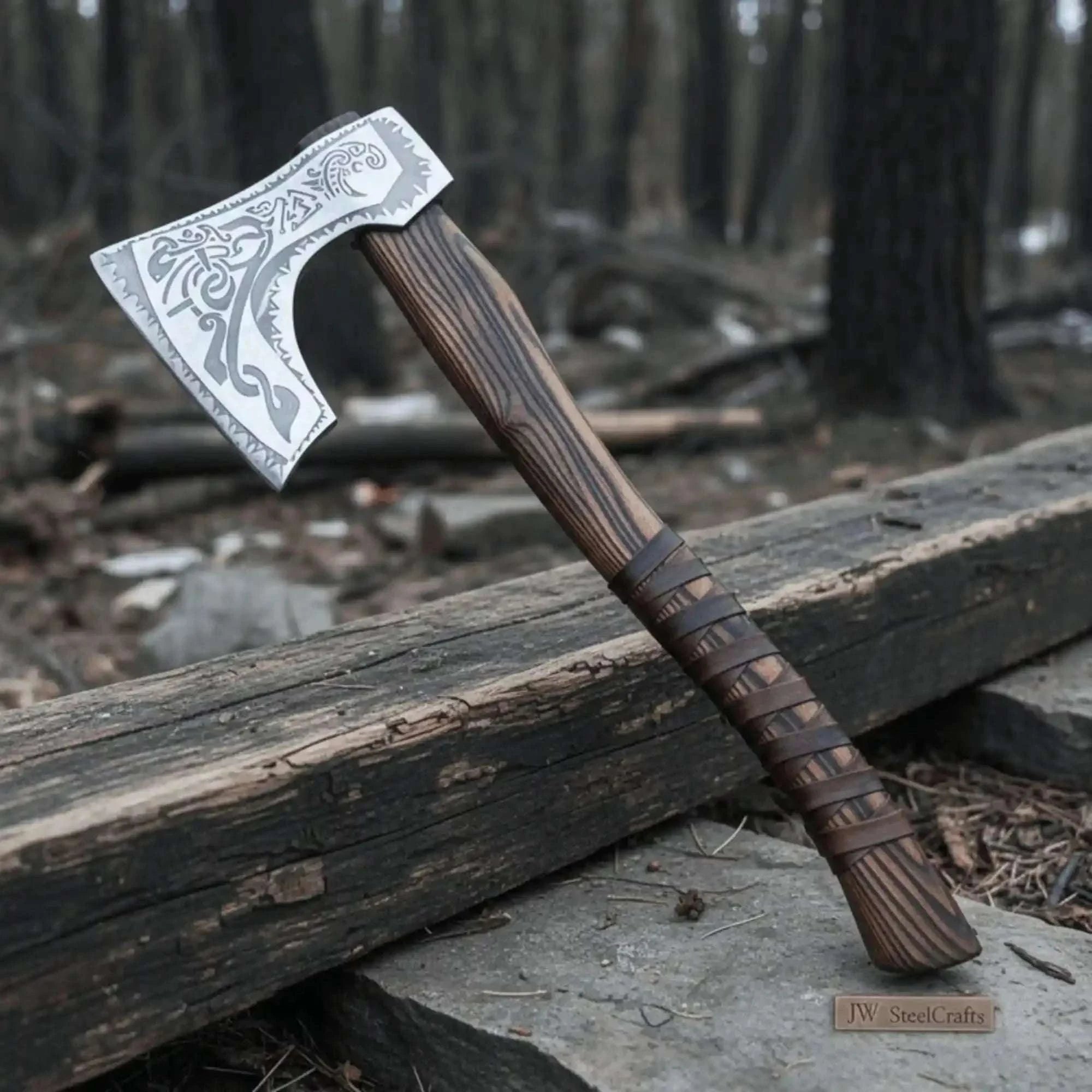 Palmarius Outdoors Engraved Carbon Steel Ragnar Axe with Bearded Head Handmade Axe