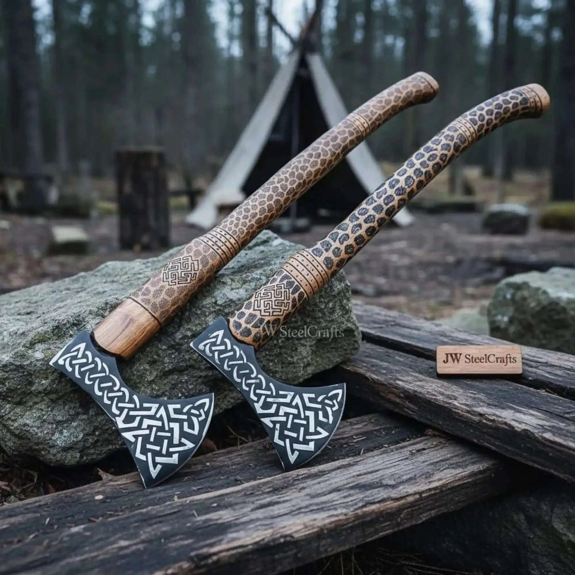Palmarius Outdoors Engraved Viking Throwing Axe Set, Pair of Norse Knotwork Hatchets with Carved Hardwood Handles | JW SteelCrafts Handmade Axe