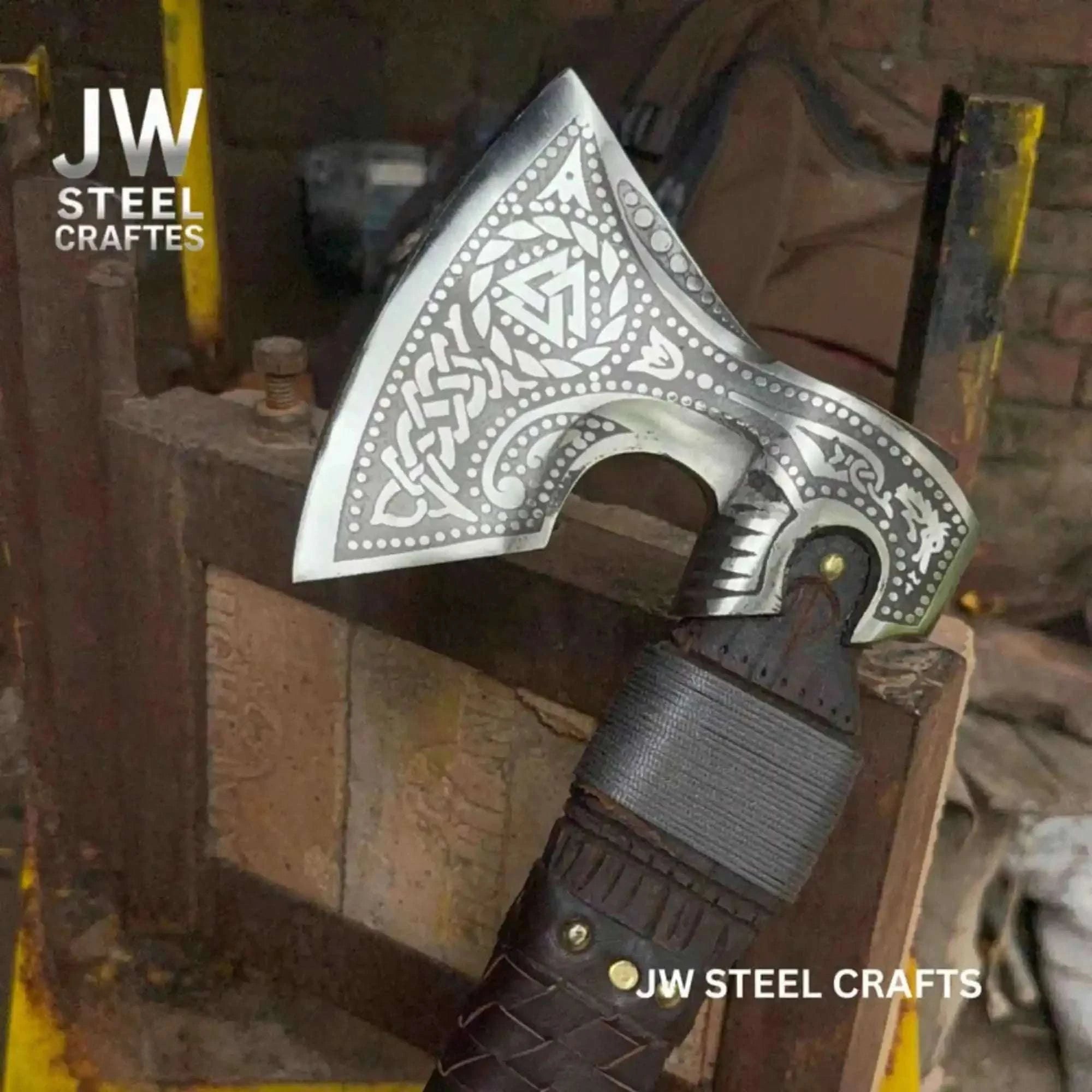 Palmarius Outdoors Engraved Norse Valknut Hatchet with Braided Leather Handle Handmade Axe