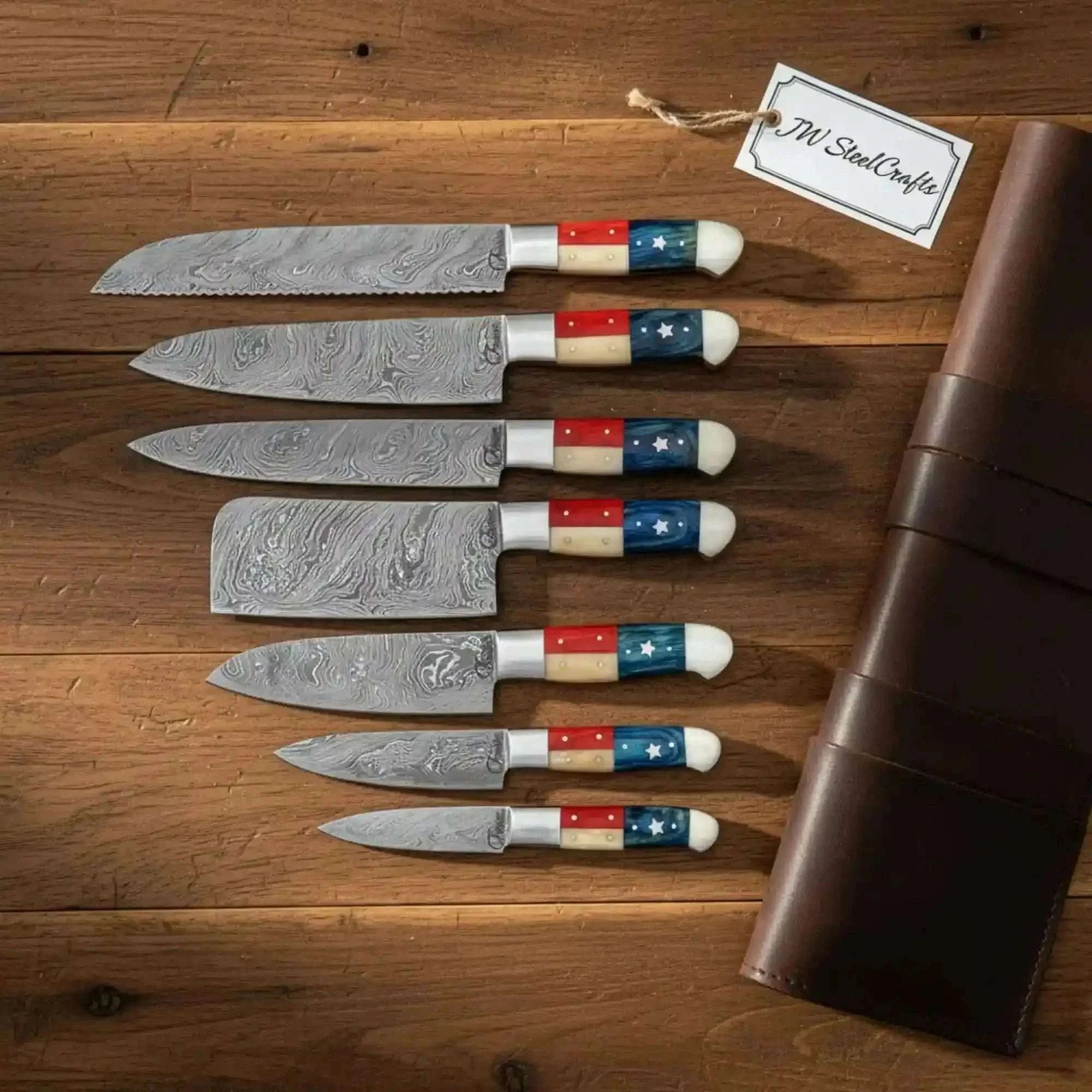 Palmarius Outdoors Damascus Kitchen Knife Set | Texas Flag Pakka Wood and Camel Bone Handles | JW SteelCrafts Handmade Chef Knife Sets