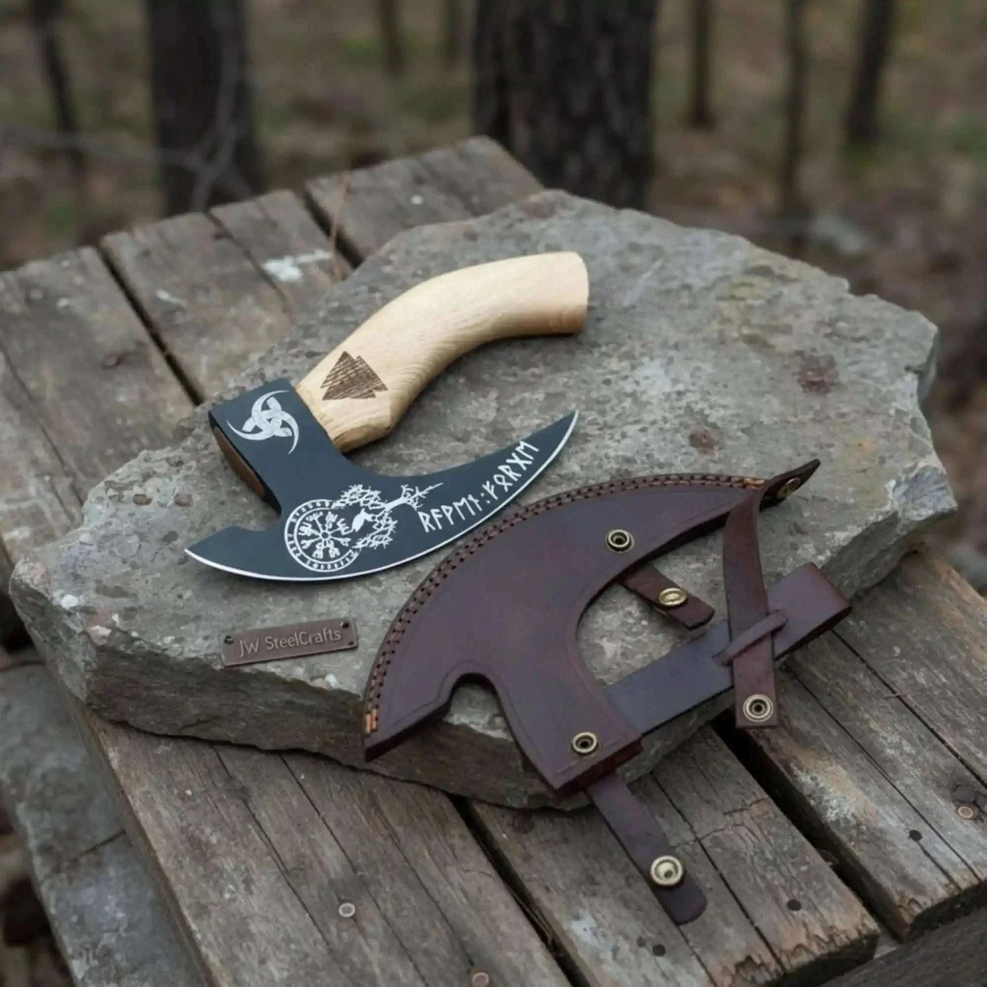 Palmarius Outdoors Viking Rune Engraved Bearded Axe Pizza Cutter — Carbon Steel Blade, Ash Wood Handle Pizza Cutter