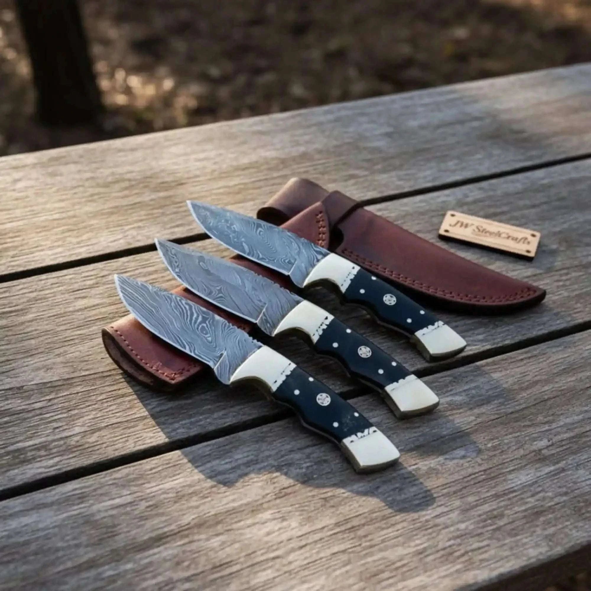 Palmarius Outdoors Damascus Hunting Knife Set Brass and Black Micarta Handle Fixed Blade Trio Skinner Knife