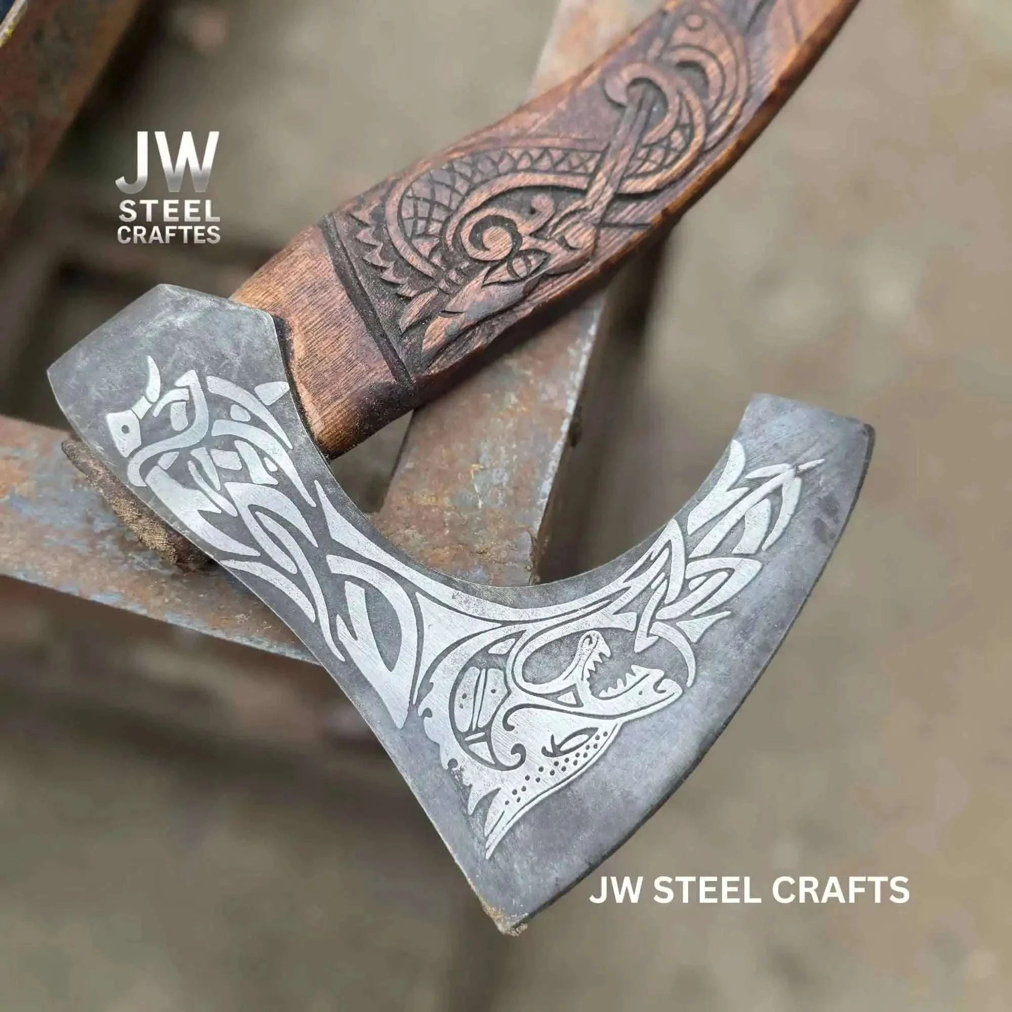 Palmarius Outdoors Hand-Engraved Viking Bearded Axe with Carved Hardwood Handle – Damascus Steel Blade | JW SteelCrafts Handmade Axe