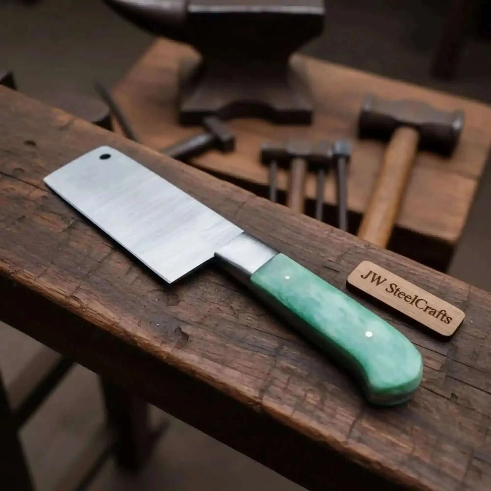 Palmarius Outdoors 6-Inch Damascus Chinese Vegetable Cleaver with Green Bone Handle Cleaver Knives