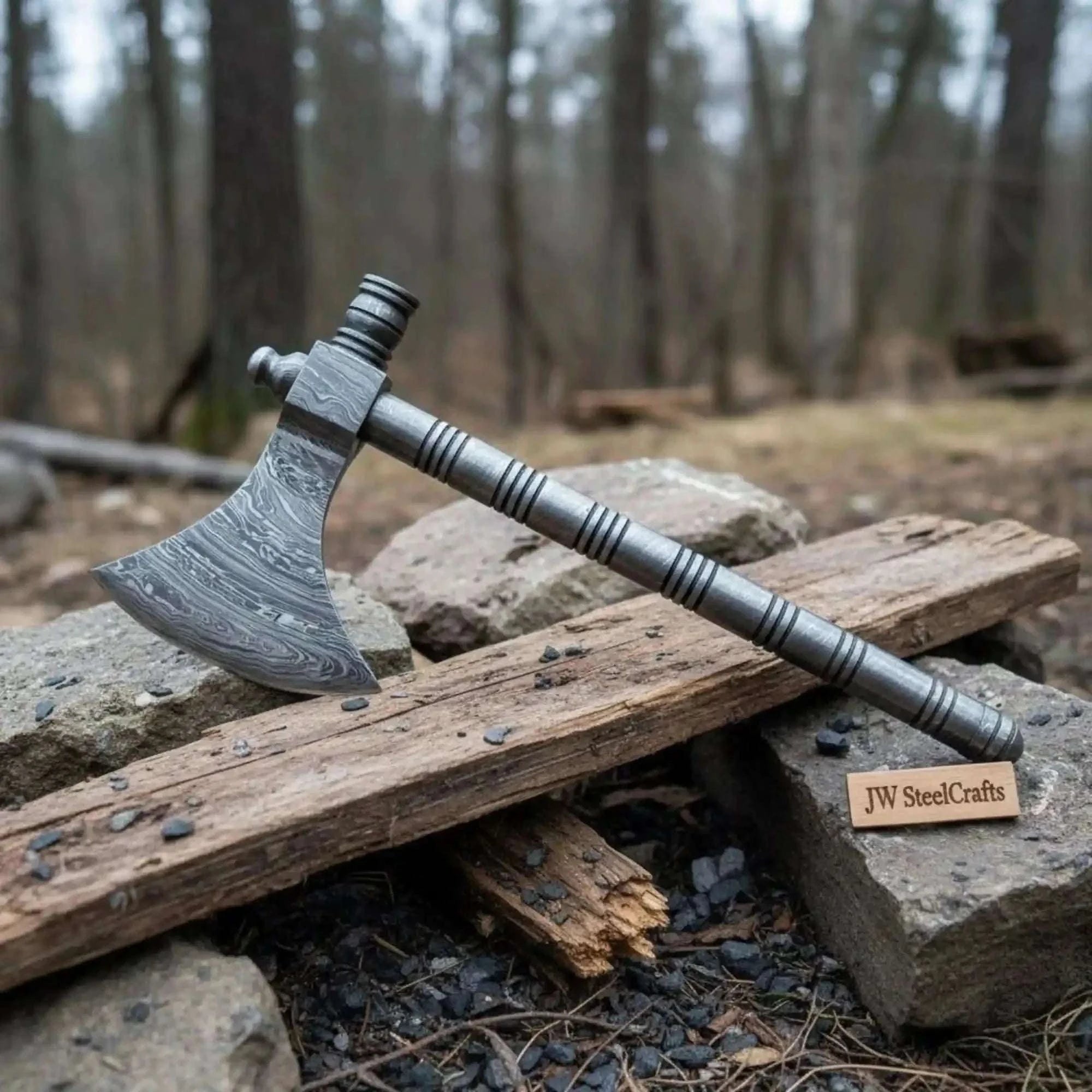 Palmarius Outdoors Damascus Steel Smoking Pipe Axe – Hand Forged Functional Pipe Tomahawk with Carved Hardwood Handle | JW SteelCrafts Handmade Axe