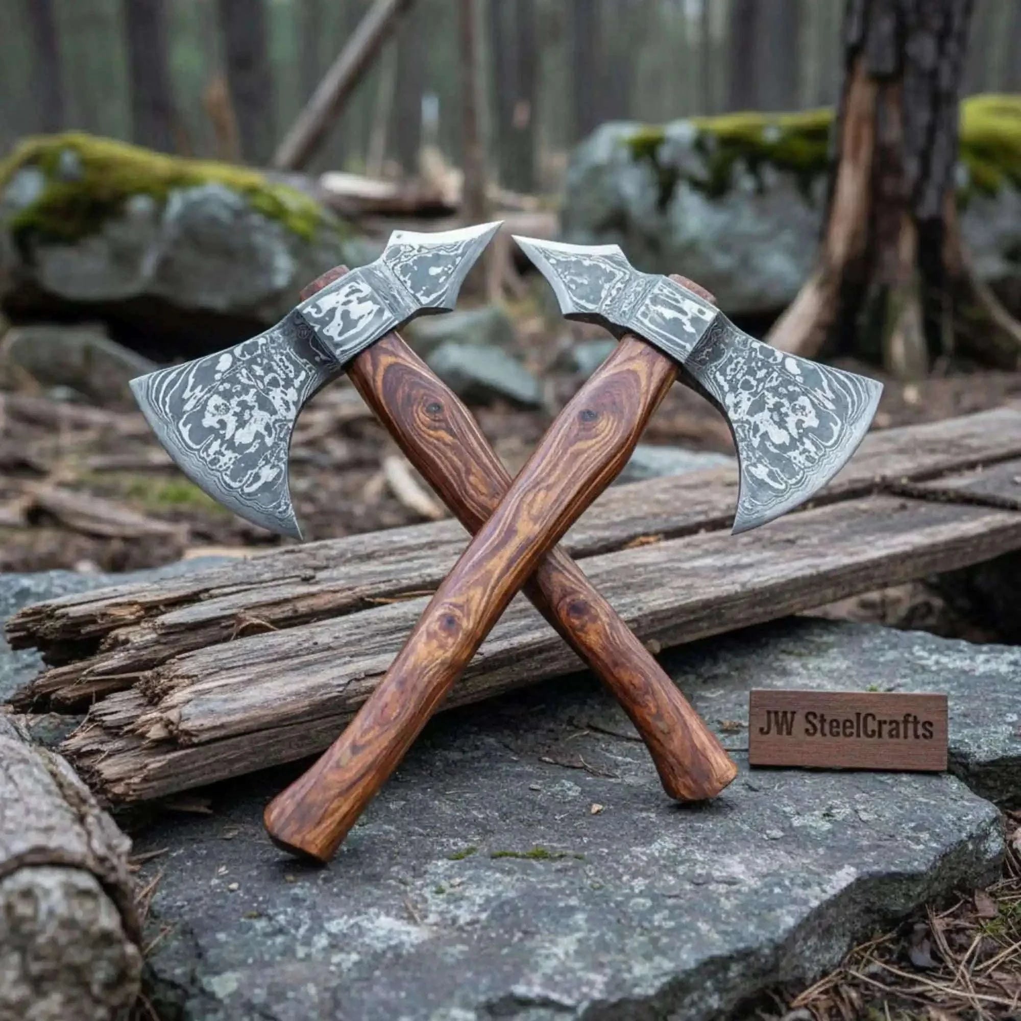 Palmarius Outdoors Hand-forged Viking Skeggøx Bearded Axe Set – Pattern-welded Damascus Heads with Hardwood Shafts Handmade Axe