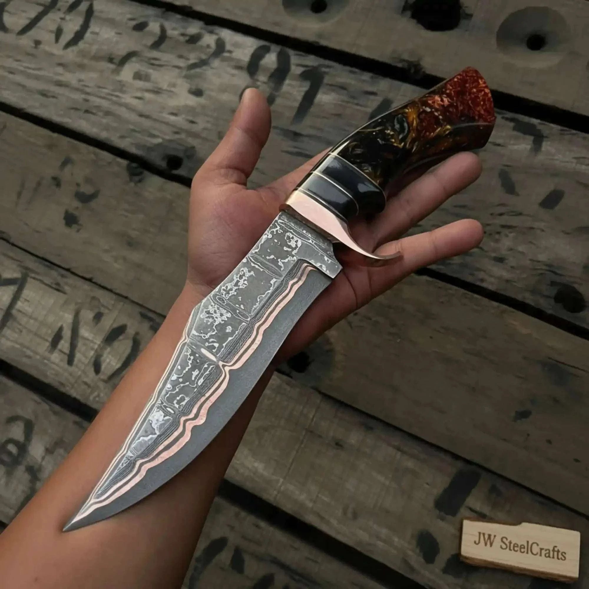 Palmarius Outdoors Copper San Mai Damascus Bowie with Clip Point Blade 