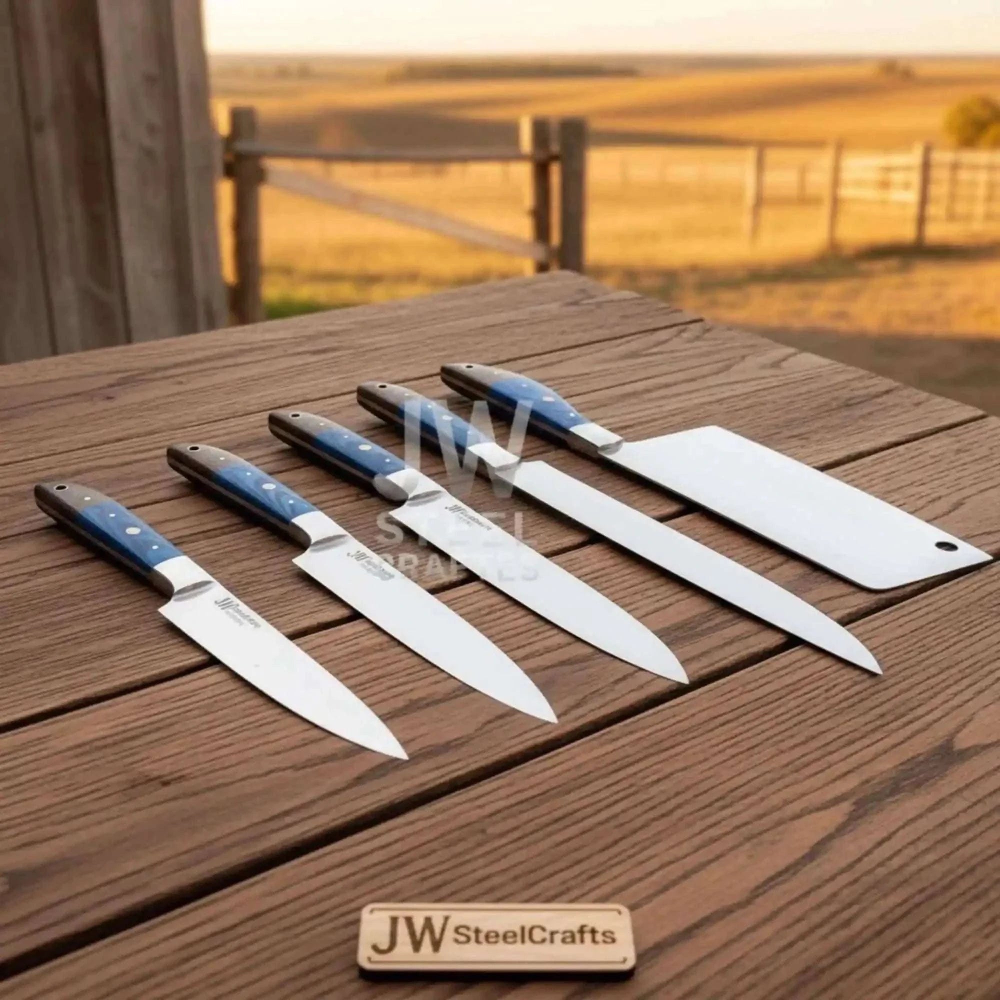 Palmarius Outdoors Blue Wood Damascus Chef Knife Set: 5-Piece Handmade Collection Handmade Chef Knife Sets