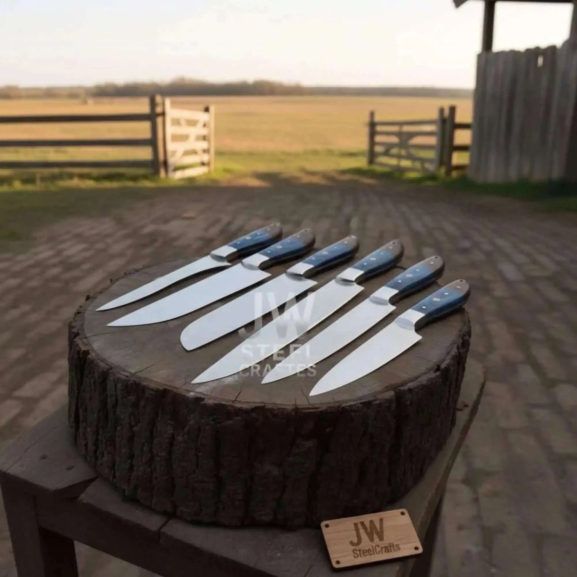 Palmarius Outdoors Blue Wood Damascus Chef Knife Set: 5-Piece Handmade Collection Handmade Chef Knife Sets