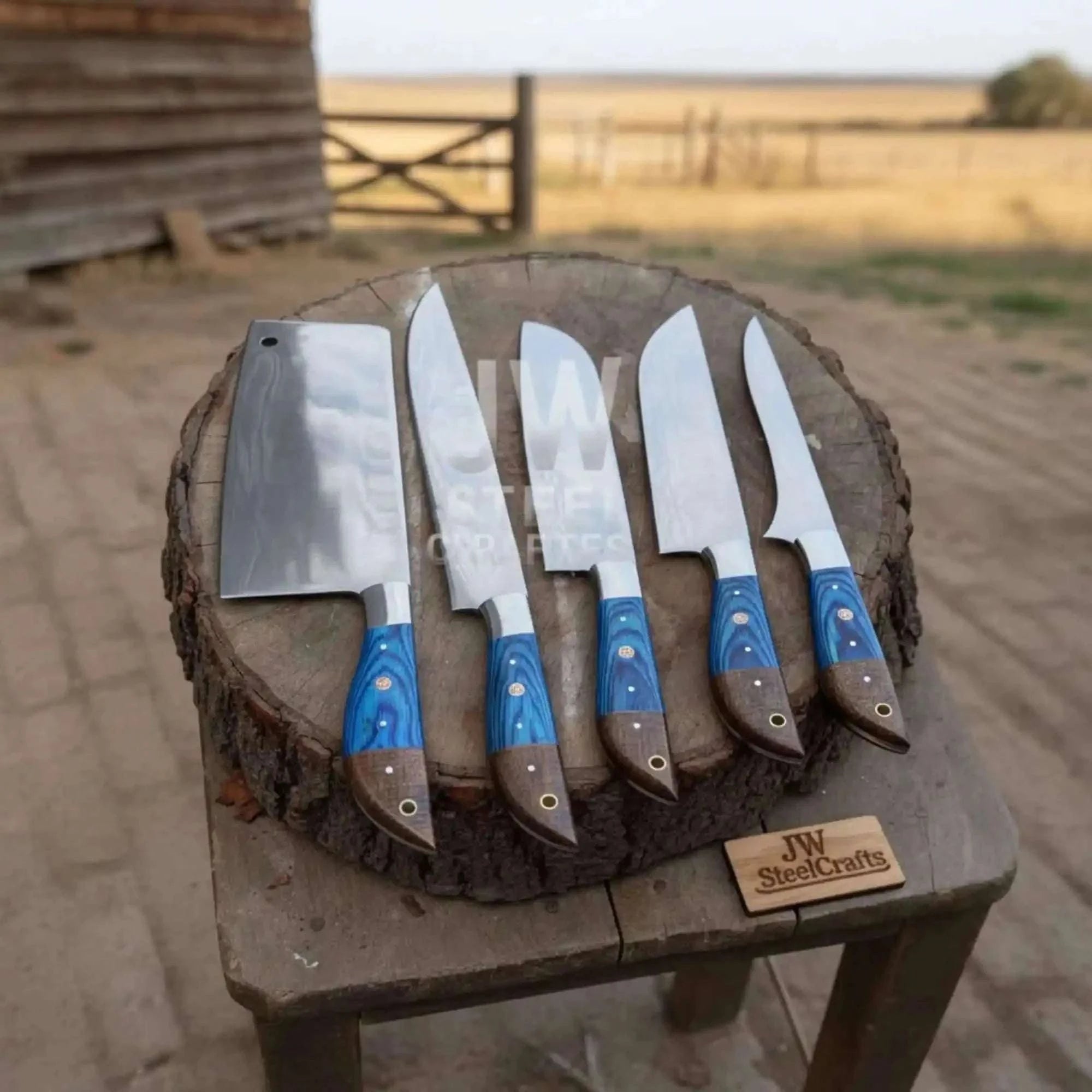 Palmarius Outdoors Blue Wood Damascus Chef Knife Set: 5-Piece Handmade Collection Handmade Chef Knife Sets