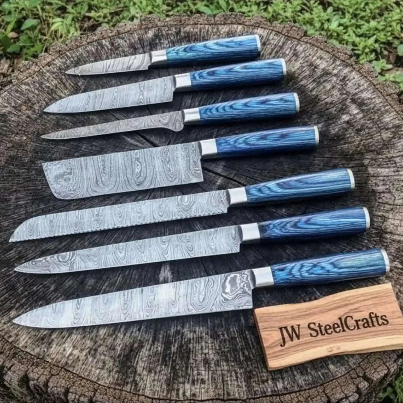 Palmarius Outdoors 7-Piece Damascus Knife Set Blue Stabilized Wood with Wood Grain Blades Handmade Chef Knife Sets
