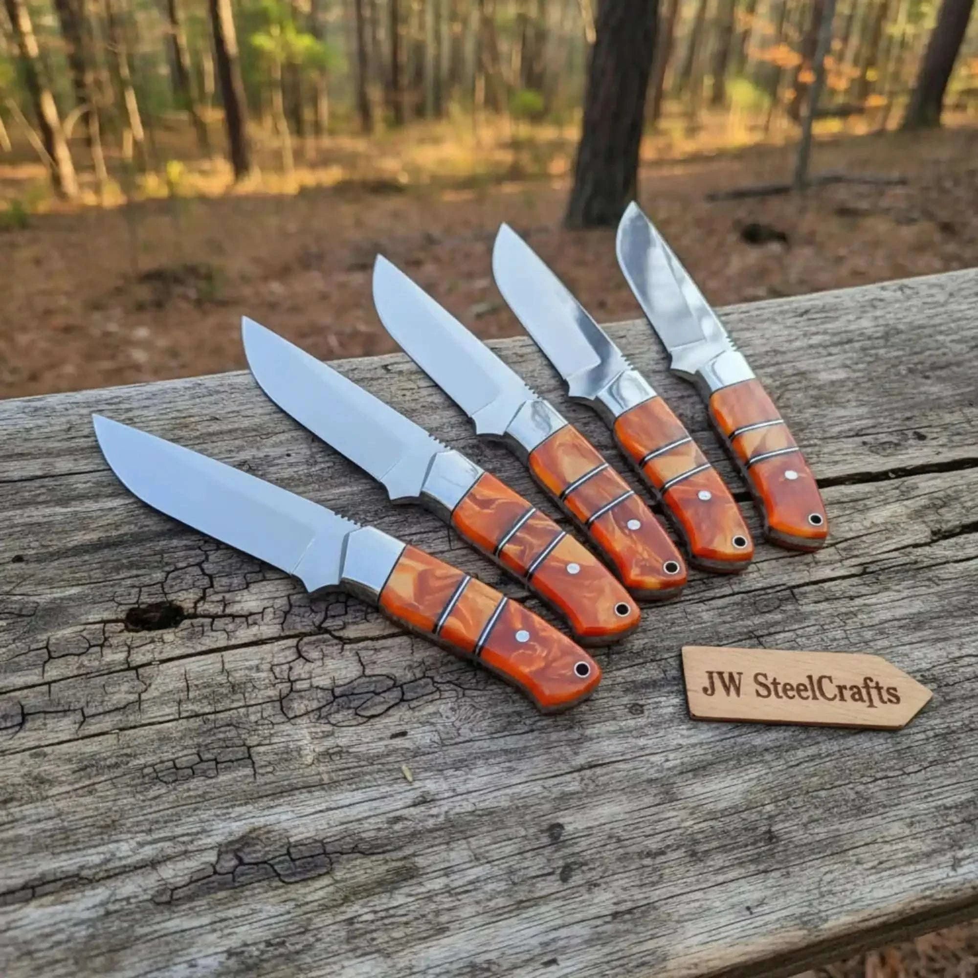 Palmarius Outdoors Handmade Artisan Scandi Bushcraft Knife Set 5-Piece with Scandi Grind & Orange Resin Handles Bushcraft Knife
