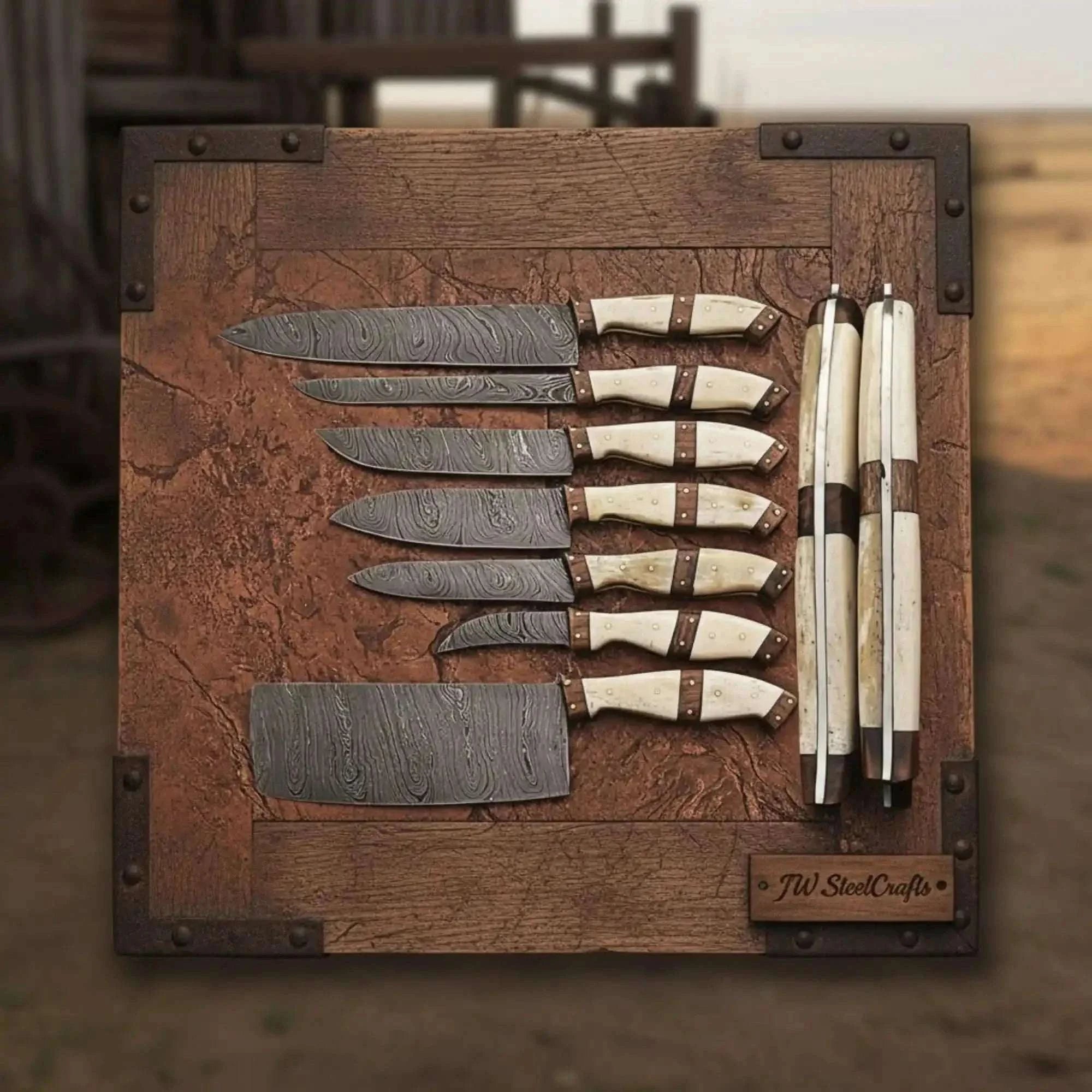 Palmarius Outdoors 7-Piece Damascus Kitchen Knife Set — Bread, Cleaver, Chef, Santoku, Fillet, Boning & Utility Handmade Chef Knife Sets