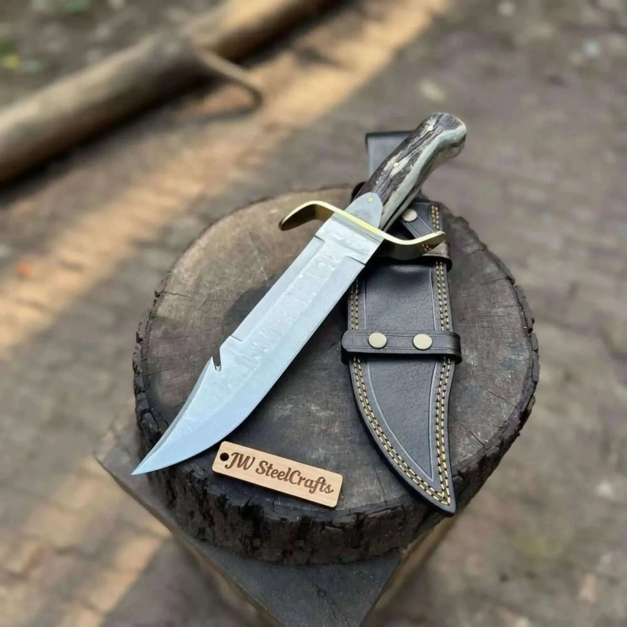 Palmarius Outdoors 16-Inch Damascus Bowie Knife — 11-Inch Blade, Stag Handle, Brass S-Guard & Leather Belt Sheath Frontier Bowie Knives