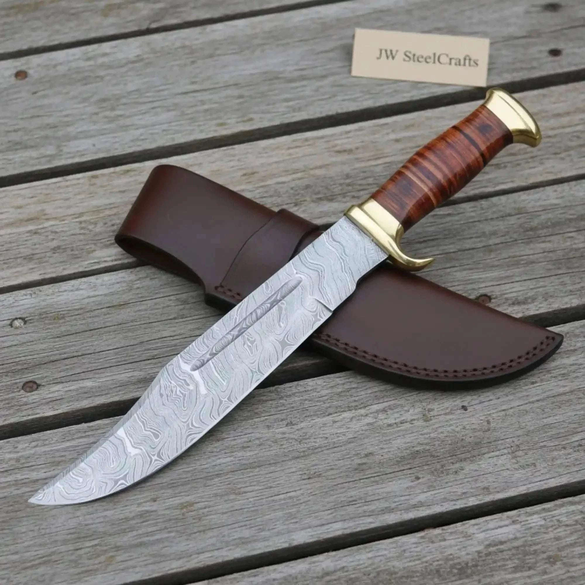Palmarius Outdoors Traditional Bowie Fixed Blade Knife Brass Guard Leather Sheath 