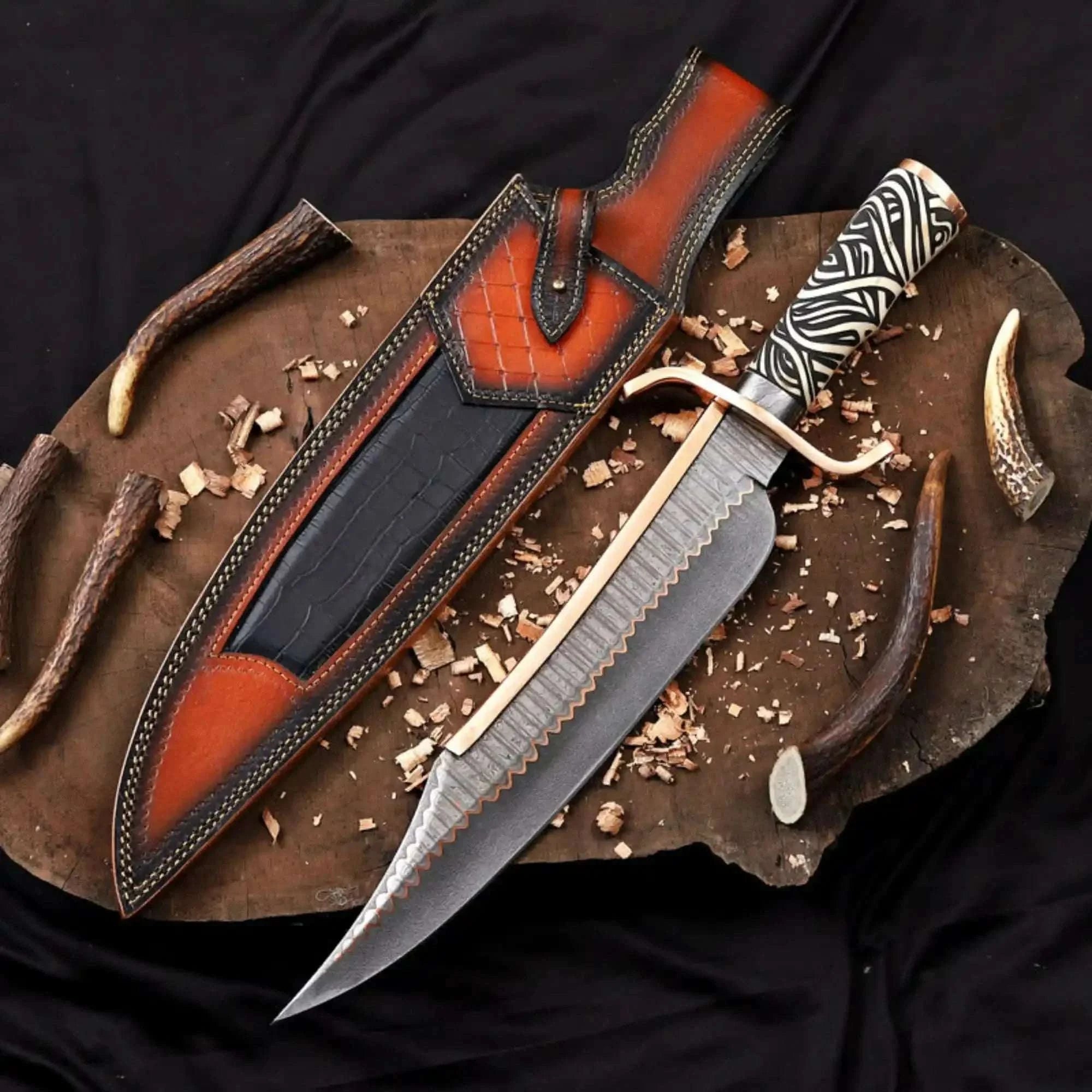 Palmarius Outdoors 12-Inch Copper Damascus Alamo Bowie Knife - Musso-Style Collector Blade Bowie Knife