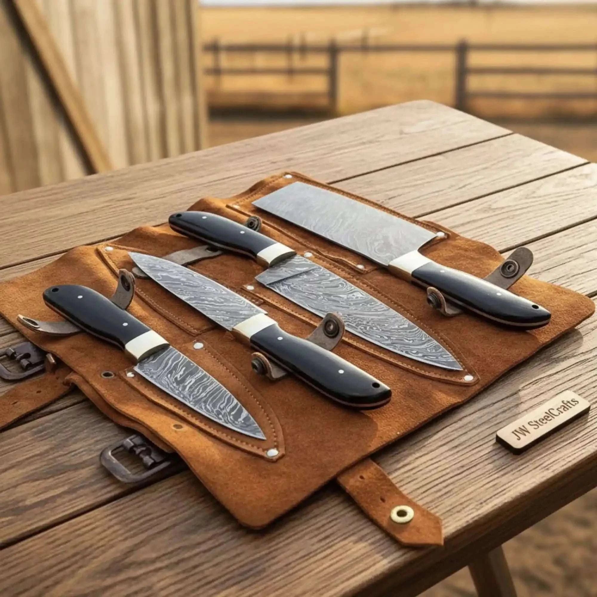 Palmarius Outdoors 4-Piece Damascus Kitchen Knife Set — Bread, Chef, Utility & Paring with Black Resin Handles, Brass Bolsters & Leather Roll Handmade Chef Knife Sets