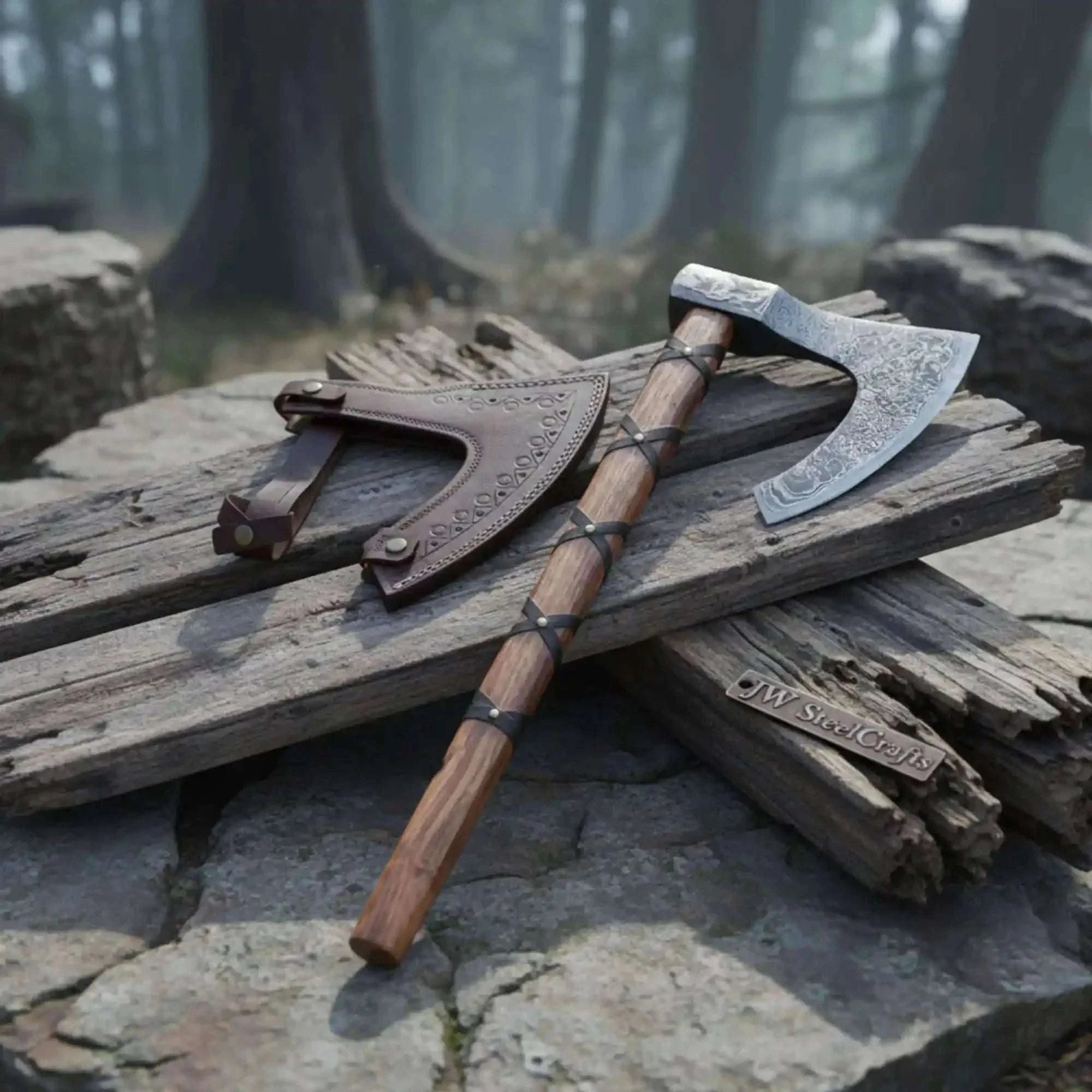 Palmarius Outdoors Handmade Damascus Skeggøx Bearded Axe with Leather Wrap and Sheath Handmade Axe