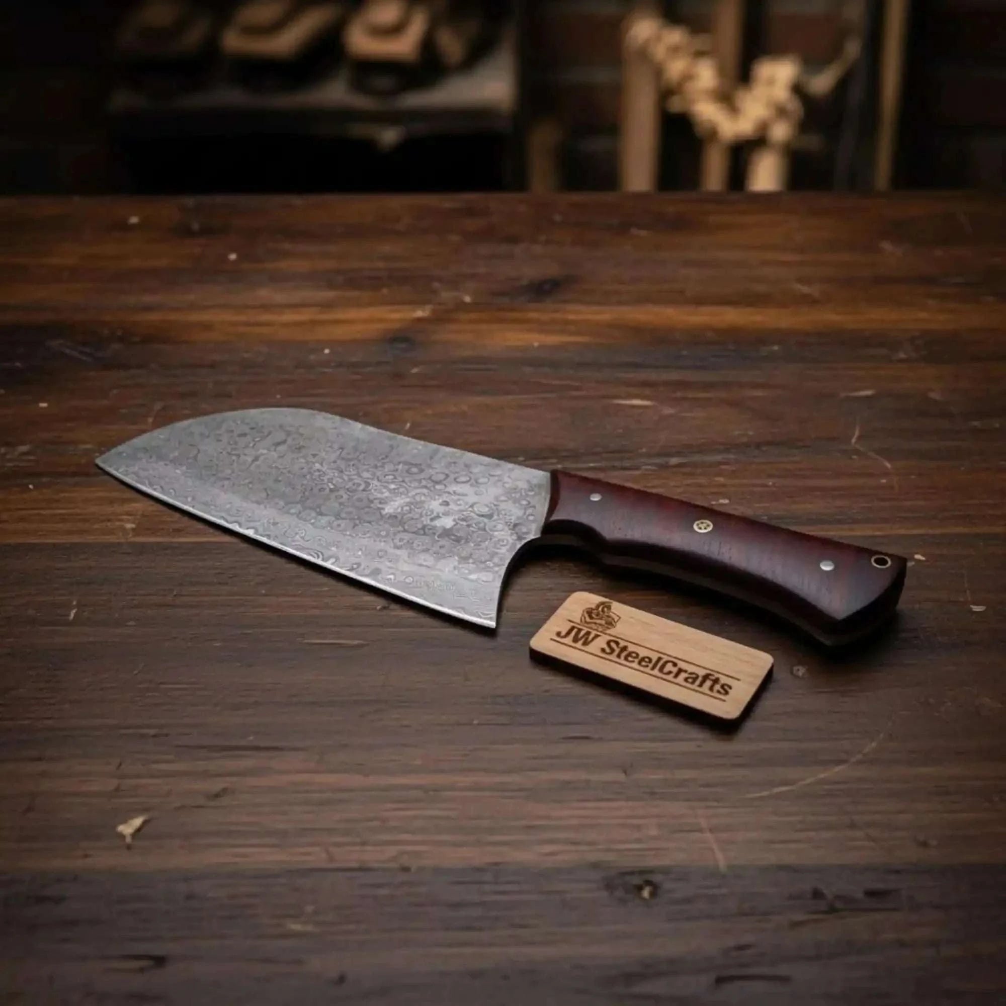 Palmarius Outdoors 6-Inch blade Kitchen Knife Cleaver — Textured Damascus Blade with Rosewood Handle (11-Inch Overall, Hand-Forged) Cleaver Knives
