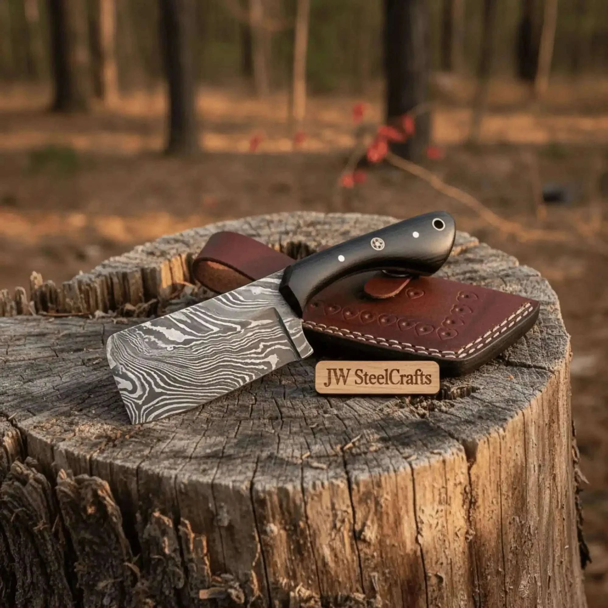 Palmarius Outdoors Custom Forged Damascus Mini Butcher Cleaver — Full Tang Black Handle with Leather Sheath Chef Knife