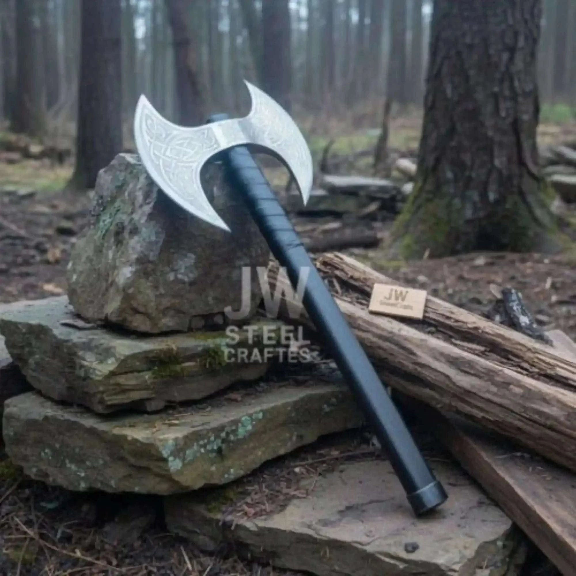 Palmarius Outdoors Custom Handmade Double-Headed Viking Axe with Nordic Knotwork Engravings and Cord-Wrapped Handle Handmade Axe