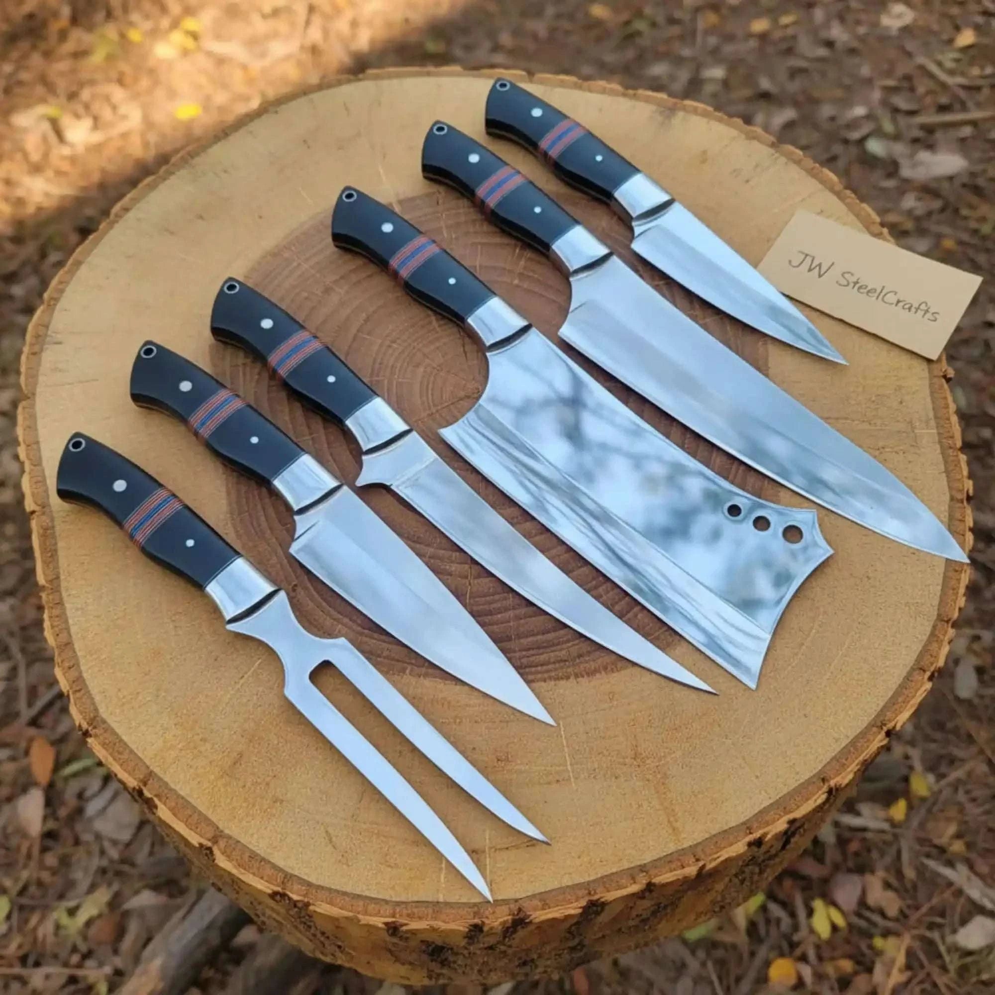 Palmarius Outdoors 6-Piece J2 Steel Kitchen Knife Set — Chef, Cleaver, Santoku, Utility, Paring & Carving Fork with Black Resin Rosewood Handles Damascus Steel Kitchen Knife Set