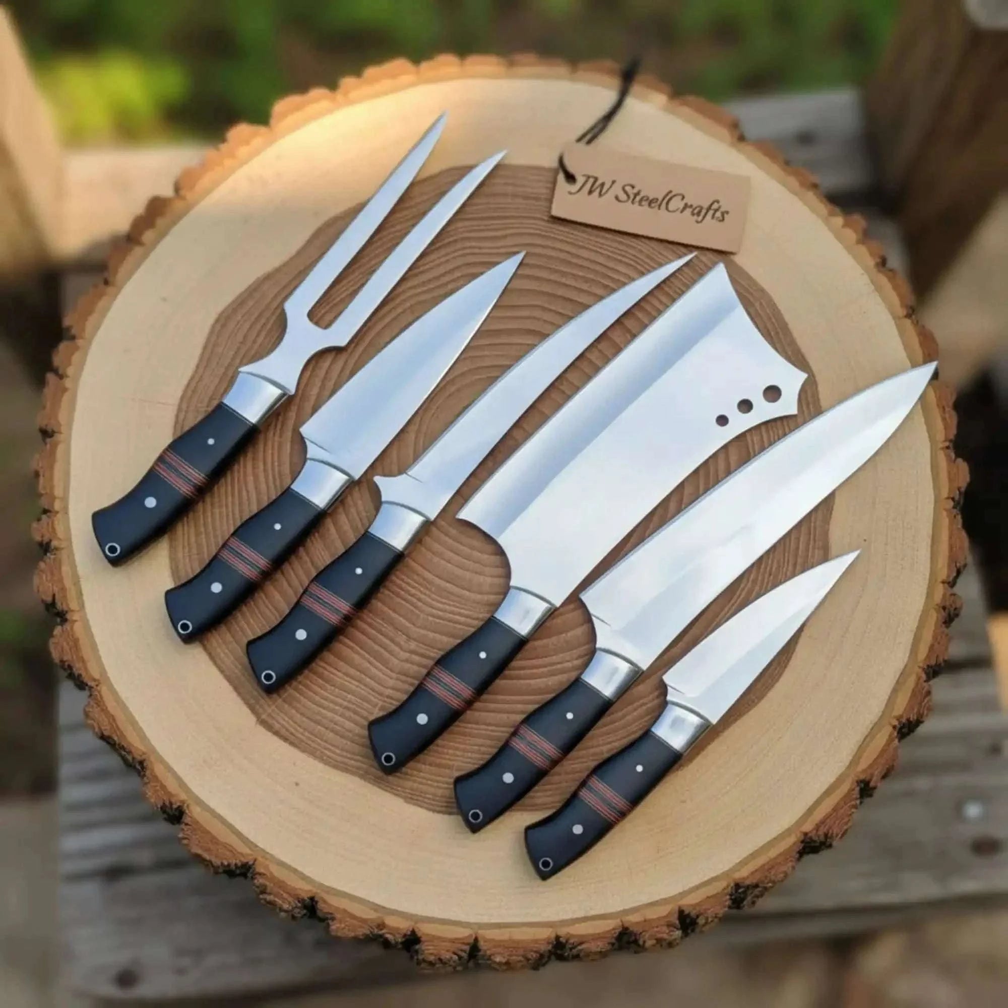 Palmarius Outdoors 6-Piece J2 Steel Kitchen Knife Set — Chef, Cleaver, Santoku, Utility, Paring & Carving Fork with Black Resin Rosewood Handles Damascus Steel Kitchen Knife Set