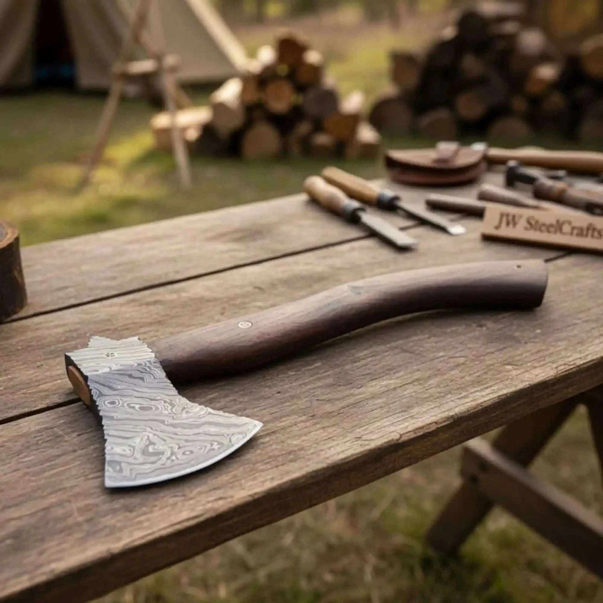 Palmarius Outdoors Hollow Pine Damascus Axe with Rosewood Handle Handmade Axe