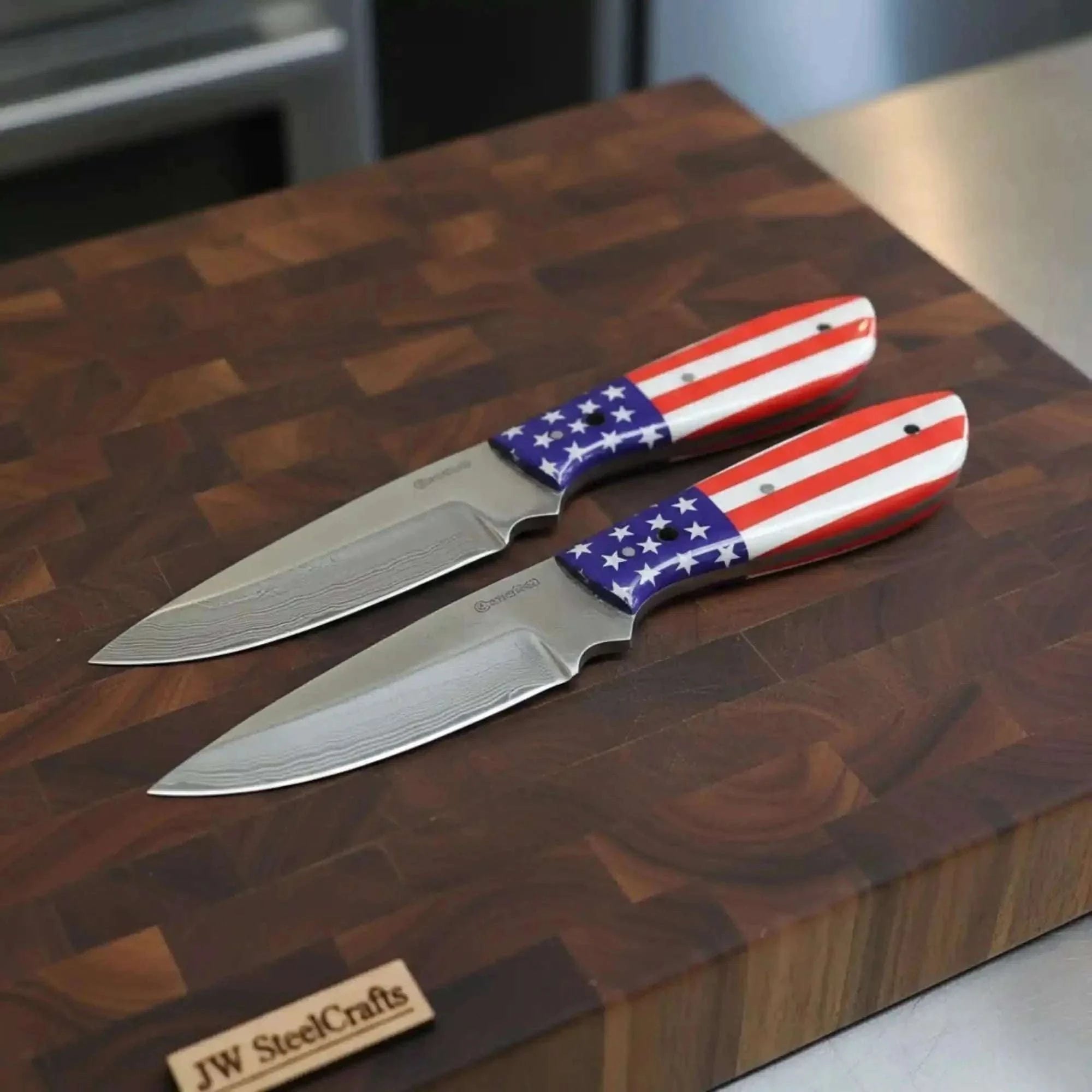 Palmarius Outdoors Carbon Steel Hunting Knife Set Drop Point Skinner Knives USA Flag Handles Leather Sheaths 