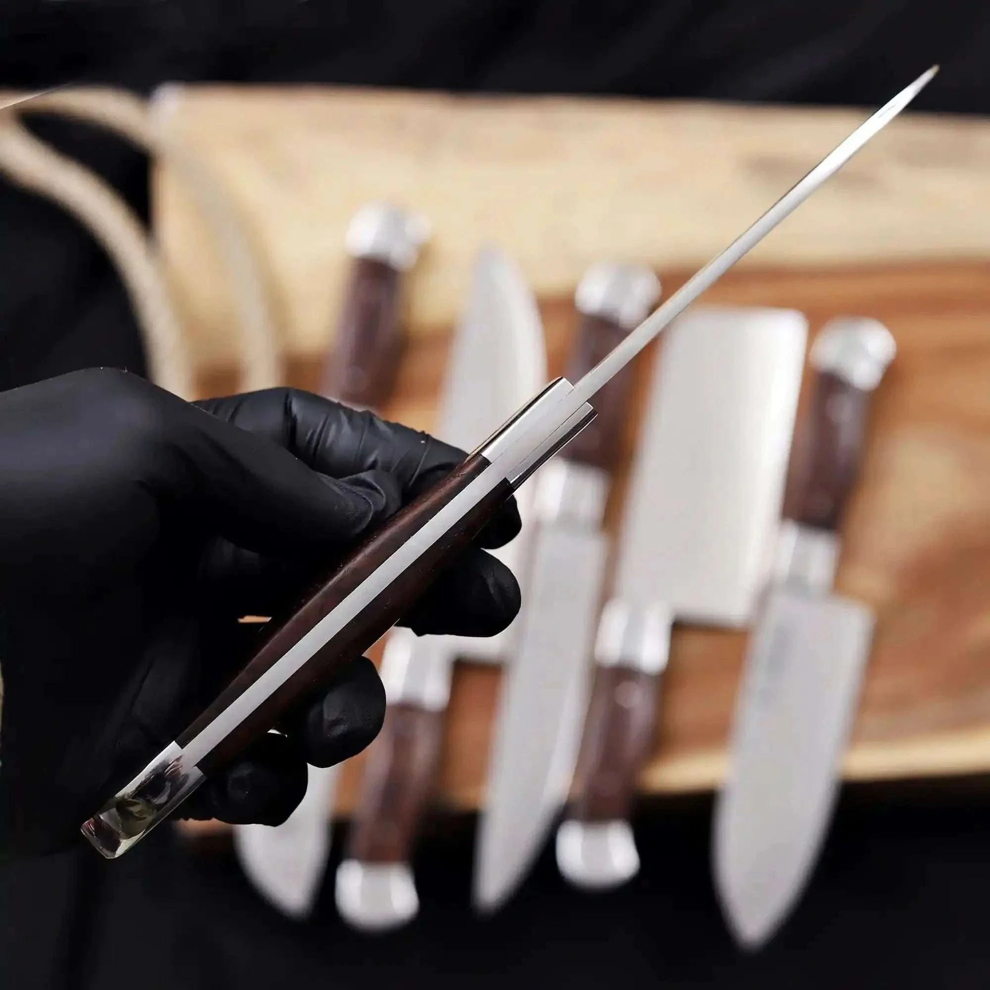 Palmarius Outdoors 6-Piece High Carbon Steel Kitchen Knife Set with Leather Roll — Olive Wood Handles, Steel Bolsters, 7 to 12 Inc Handmade Chef Knife Sets