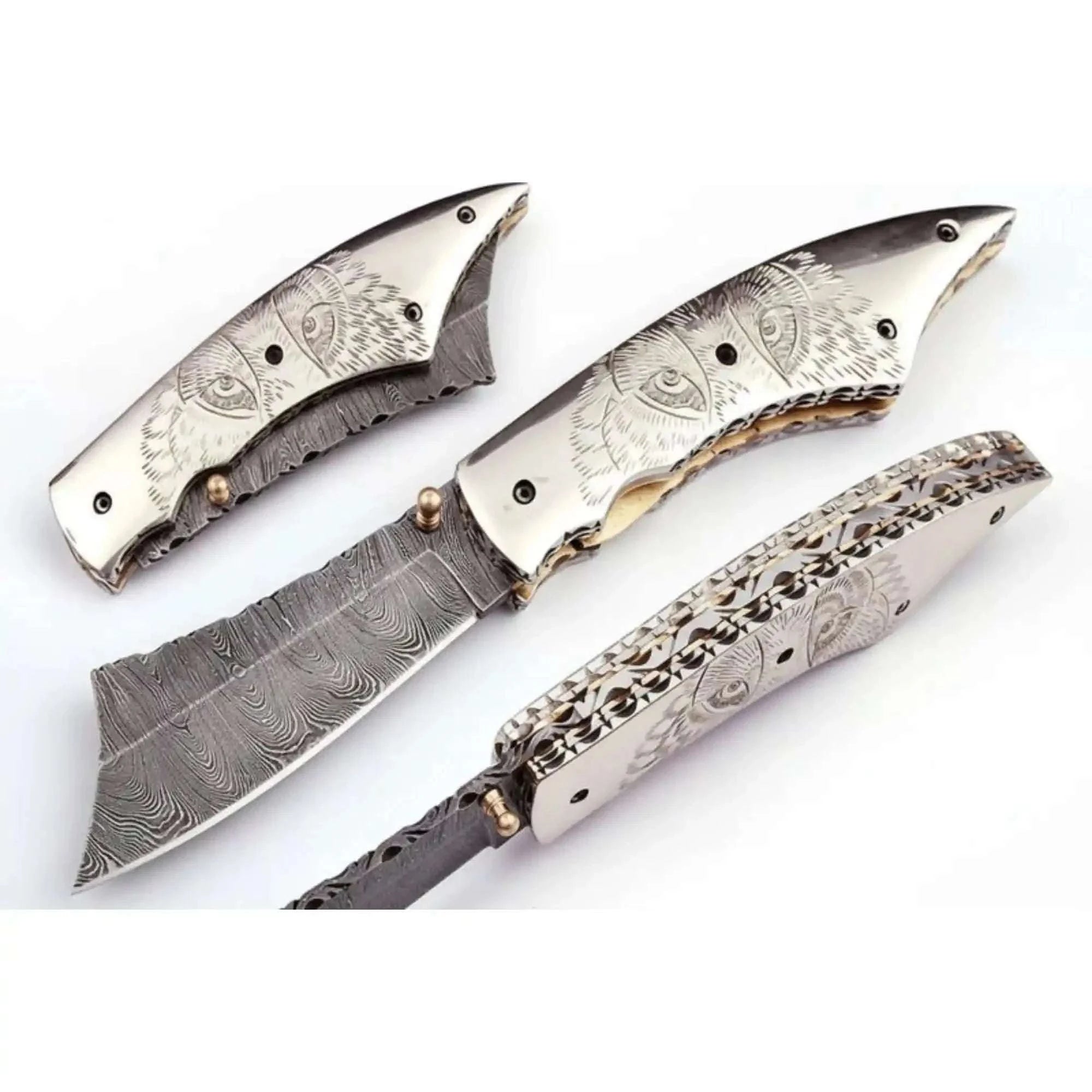 Palmarius Outdoors Handmade Damascus Folding Knife with Wolf Engraved Bone Handle & Leather Sheath Liner Lock Folder