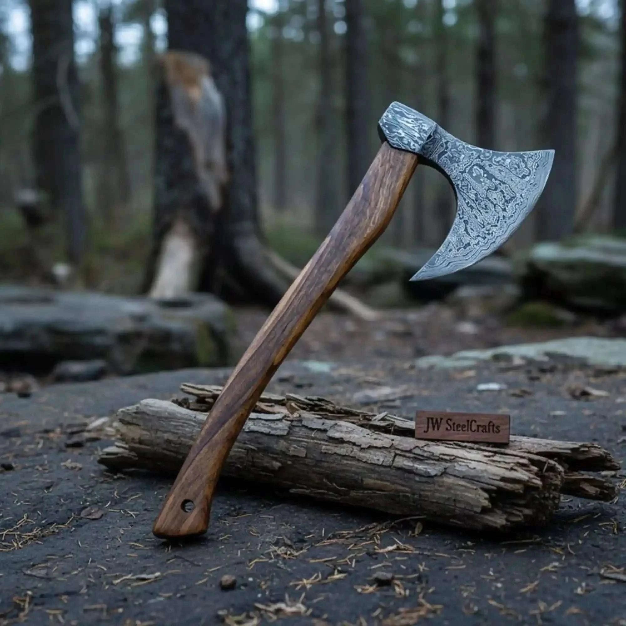 Palmarius Outdoors Damascus Dane Axe with Long Haft and Bearded Head Handmade Axe