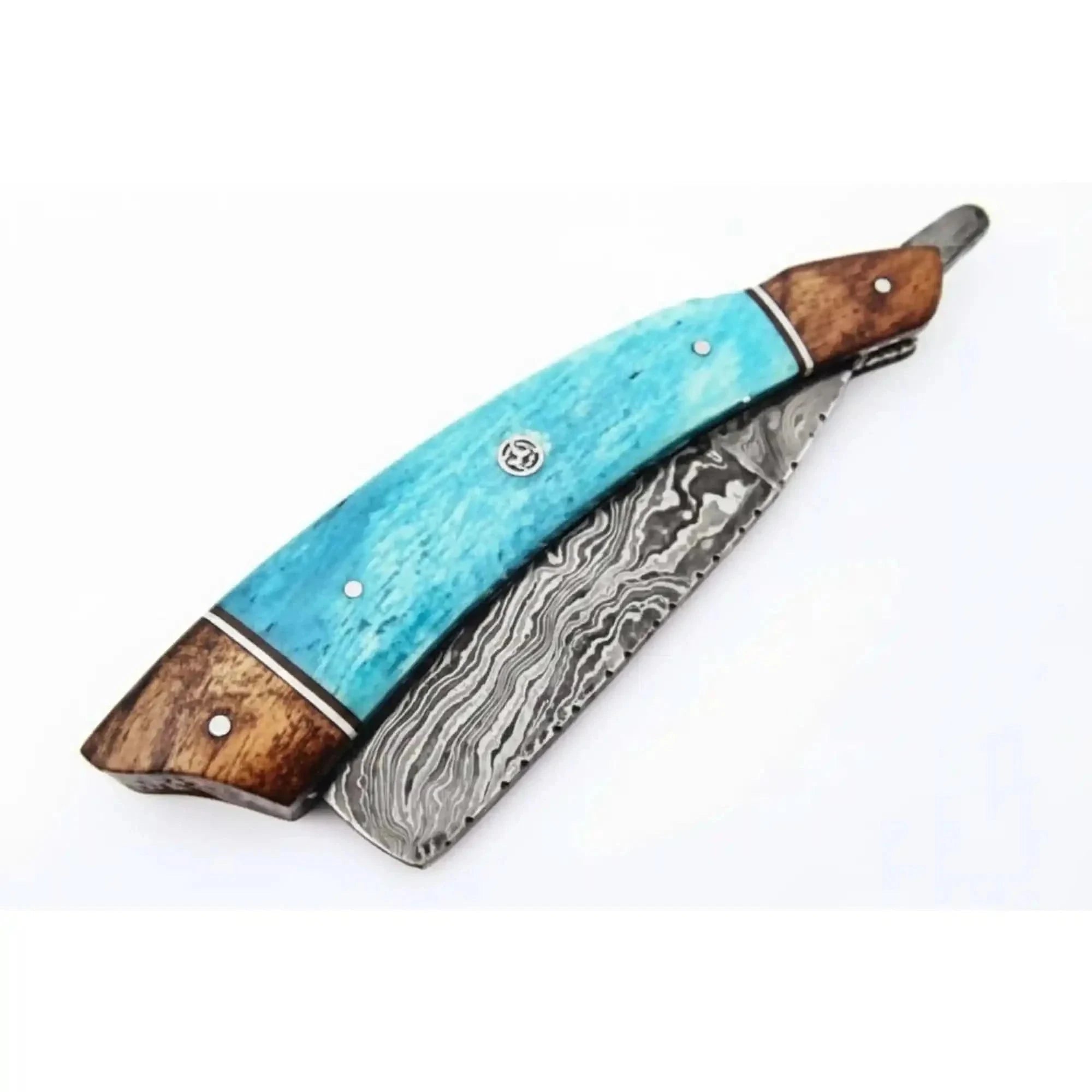 Palmarius Outdoors Classic Western Damascus Straight Barber Razor with Blue Bone and Rosewood Handle Damascus Straight Razors