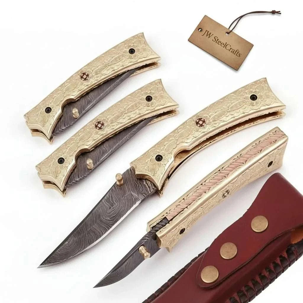 Palmarius Outdoors Handmade Damascus Folding Knife with Engraved Brass Handle & Precision Lock | JW SteelCrafts Liner Lock Folder