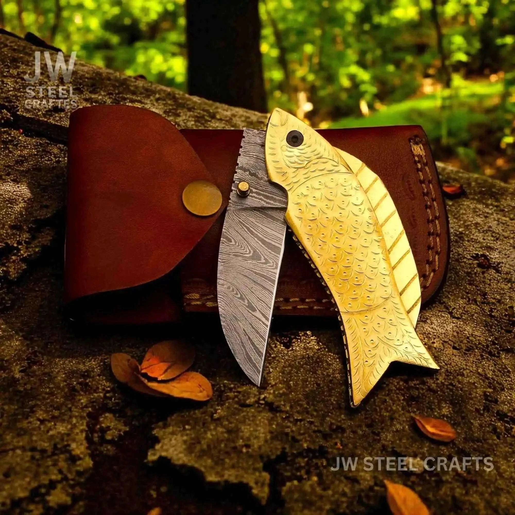 Palmarius Outdoors Gold Fish Folding Knife with Engraved Brass Fish Handle Liner Lock Folder