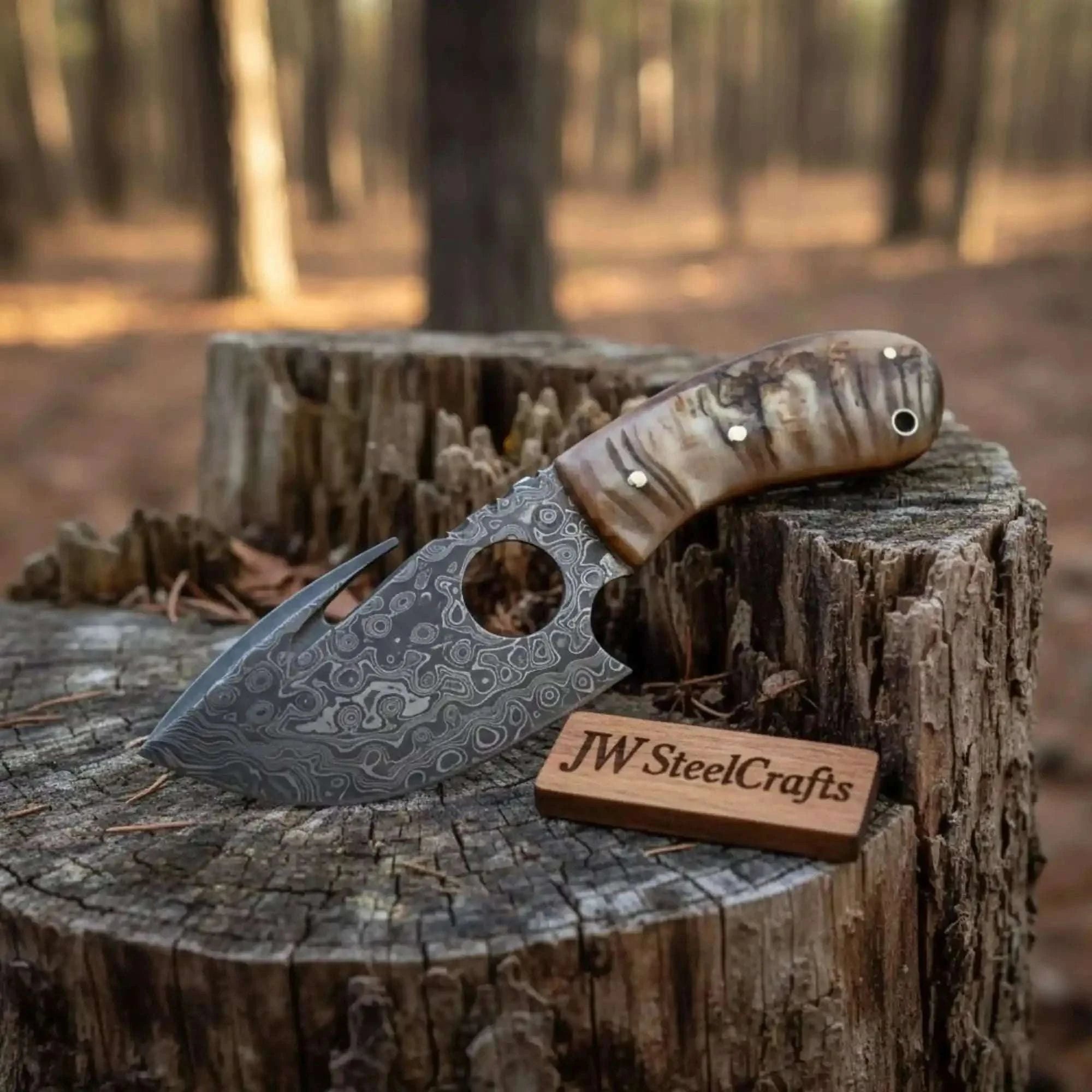 Palmarius Outdoors Damascus Gut hook Skinner Knife Raindrop pattern | two handle options Handmade Gut Hook Knives
